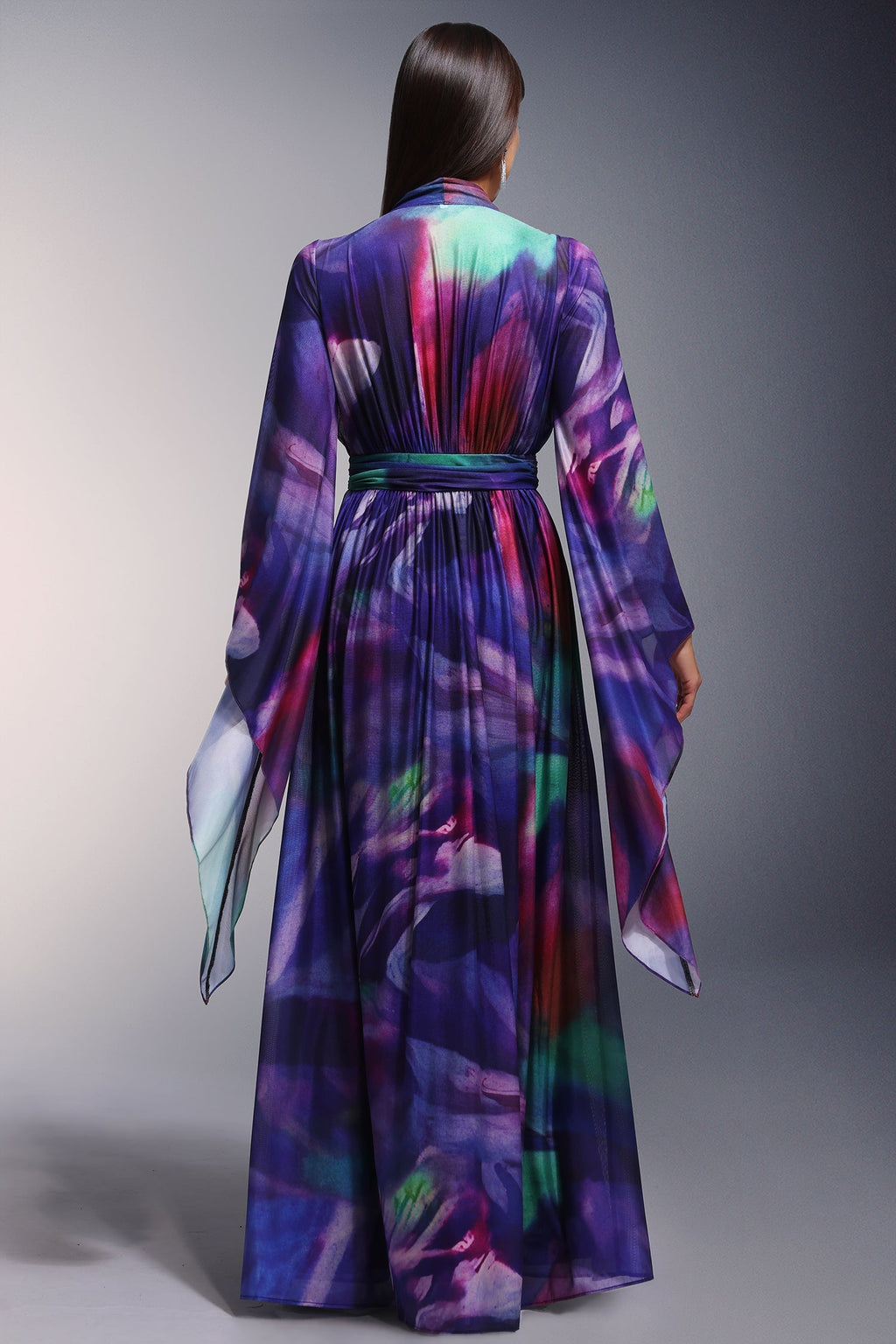 Kali Purple Maxi Dress Elegant Flowing Silhouette Long Sleeves V-Neckline Mesmerizing Blend of Colors Comfortable Versatile Style Formal Gatherings