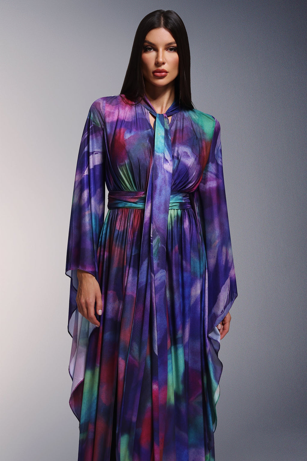 Kali Purple Maxi Dress with Long Sleeves and Deep V-Neckline for Sophisticated Occasions