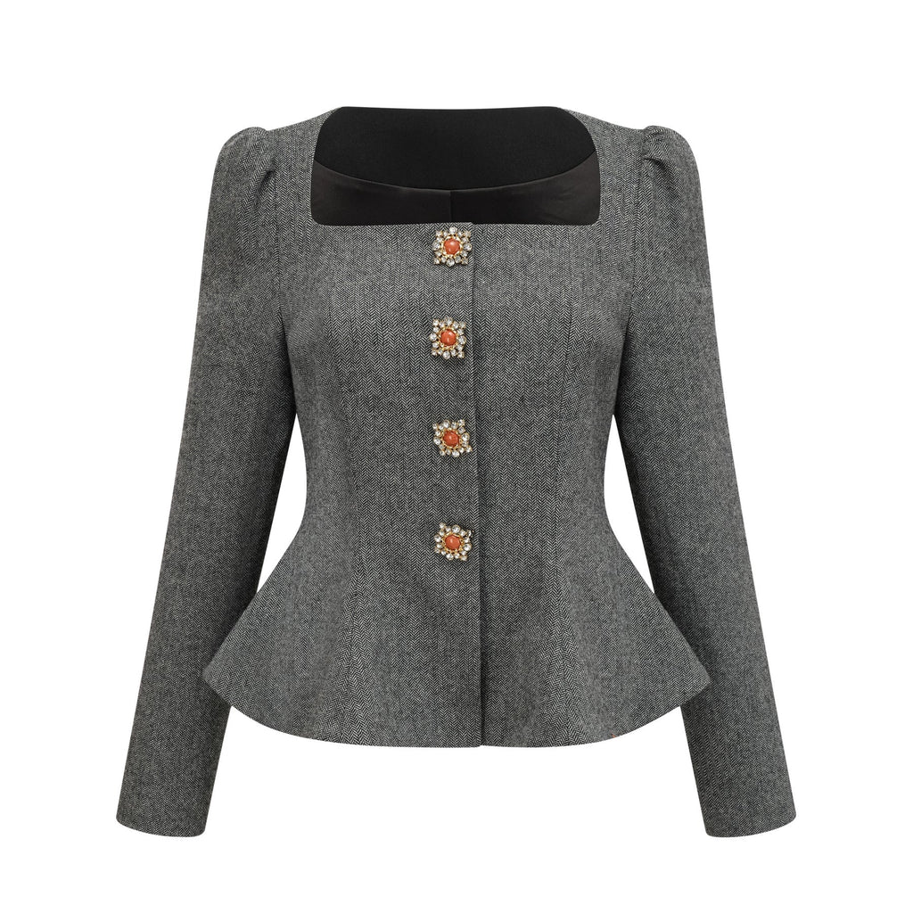 Kali Top & Shorts Set - Herringbone Pattern - Puff Sleeves - Peplum Waist - Embellished Buttons
