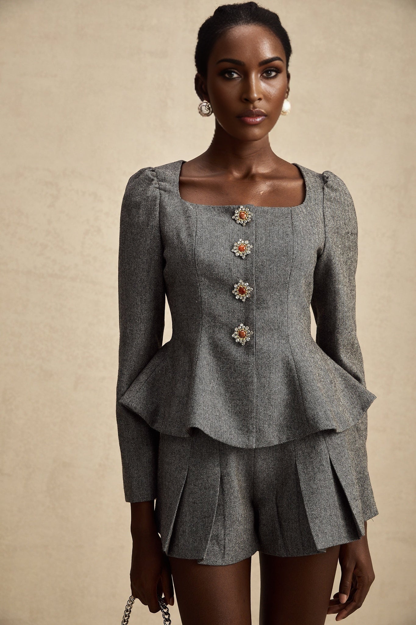 Kali Top & Shorts Set - Herringbone Pattern - Puff Sleeves - Peplum Waist - Embellished Buttons