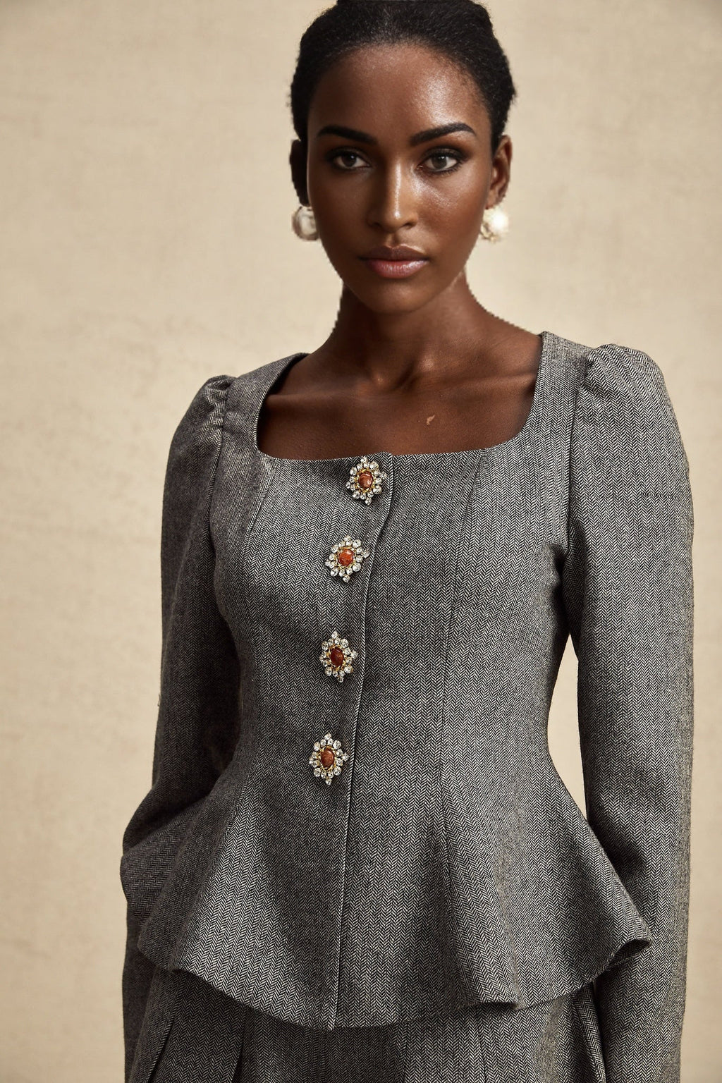 Kali Top & Shorts Set - Herringbone Pattern - Puff Sleeves - Peplum Waist - Embellished Buttons