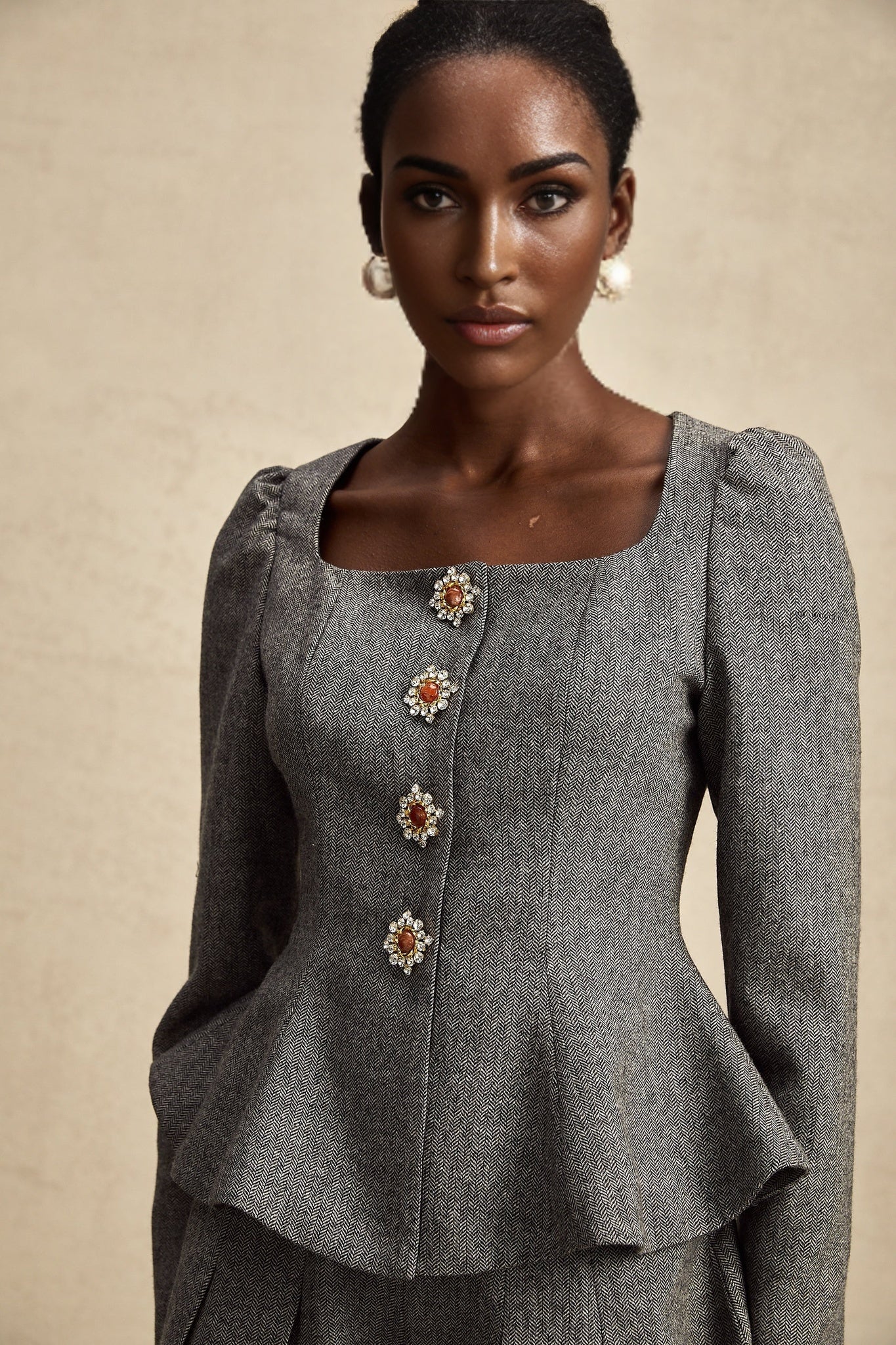 Kali Top & Shorts Set - Herringbone Pattern - Puff Sleeves - Peplum Waist - Embellished Buttons