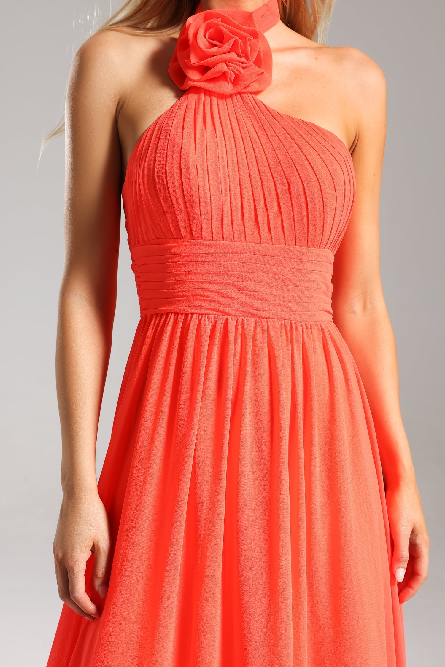 Kamila Coral Halterneck Maxi Dress Pleated Floral Detail Elegant Special Occasion Women's Dress