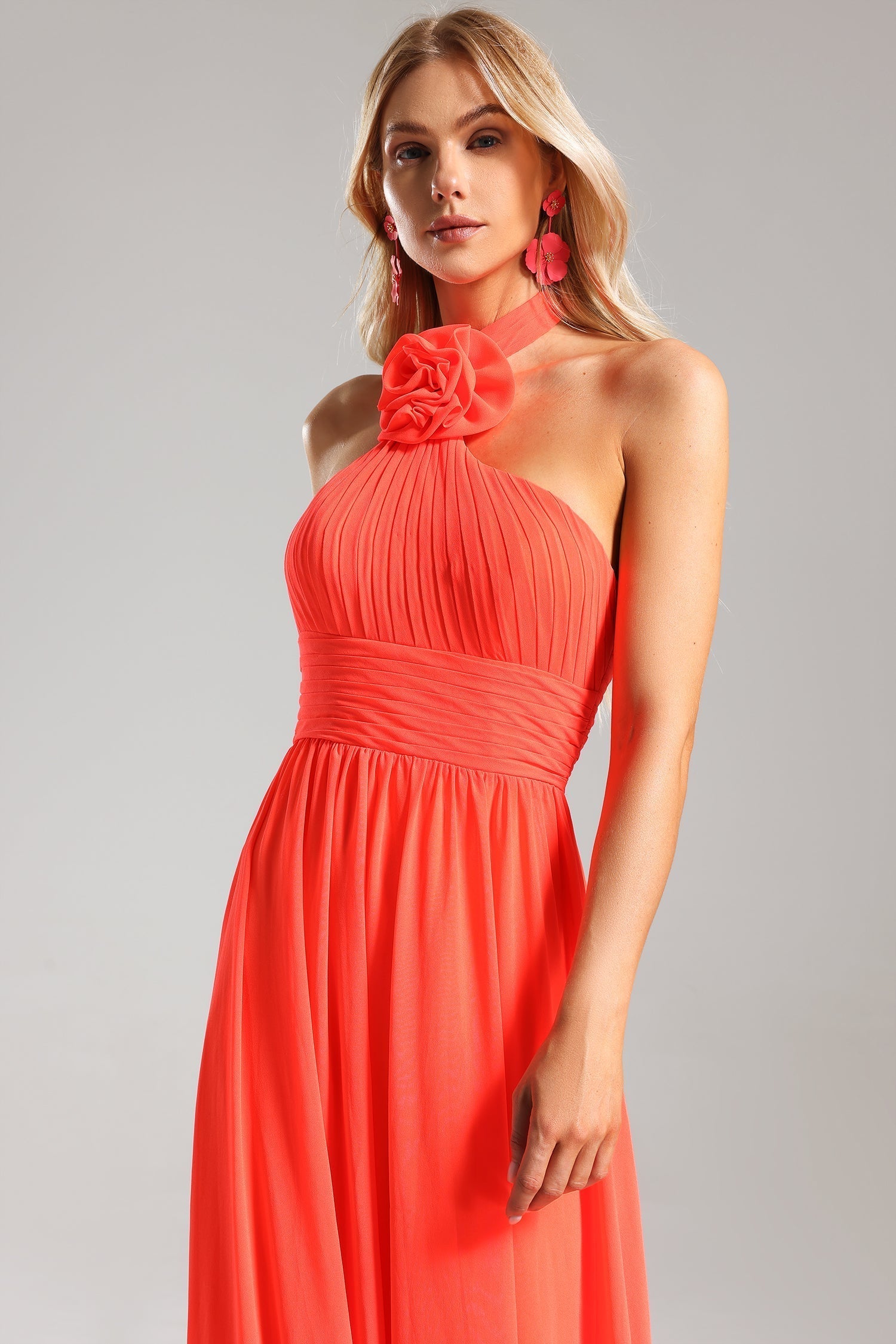 Kamila Coral Halterneck Maxi Dress with Pleating and Floral Detailing for Special Occasions