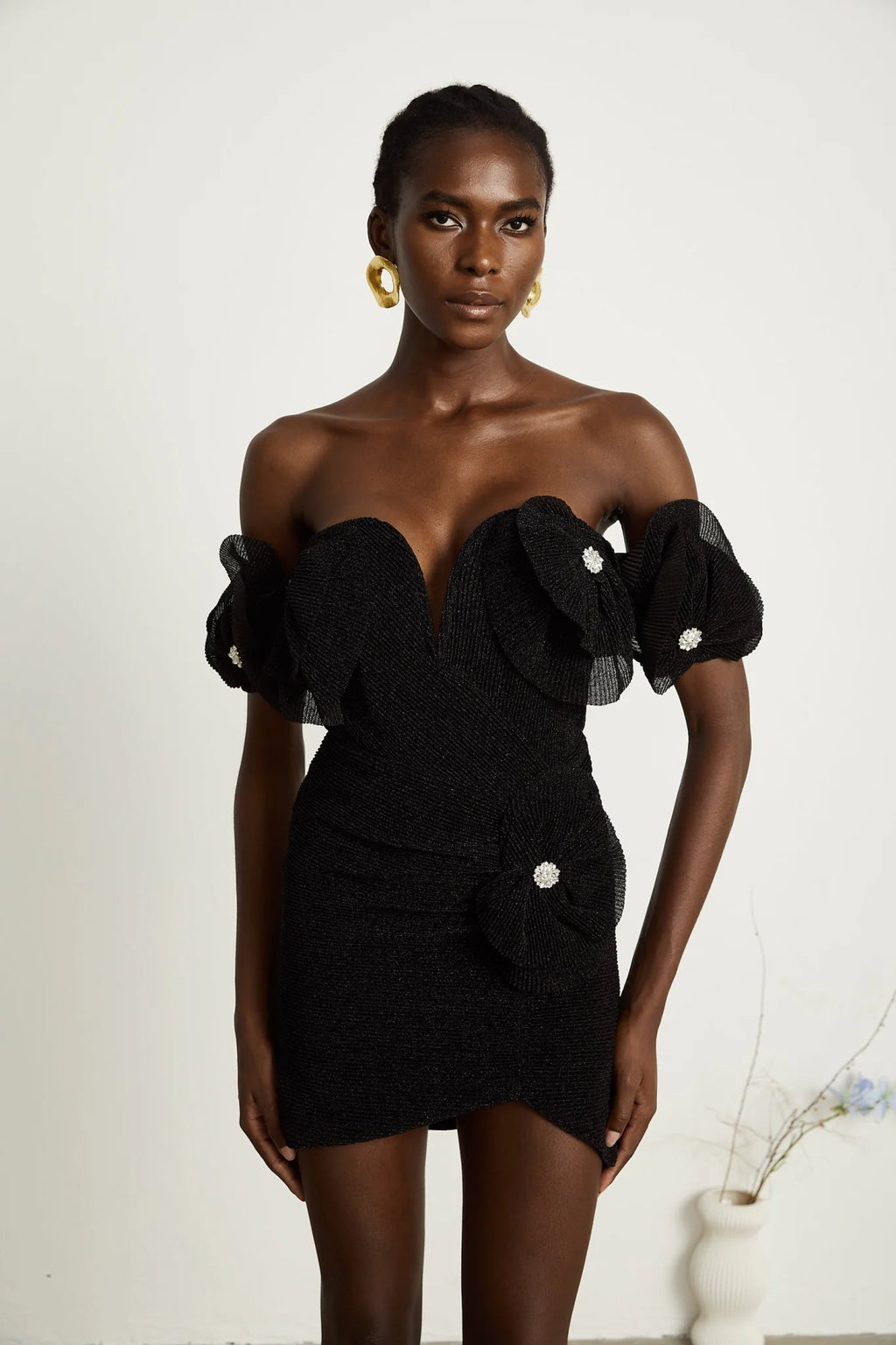 Kamila Mini Dress Black Floral Applique Corset Hemline