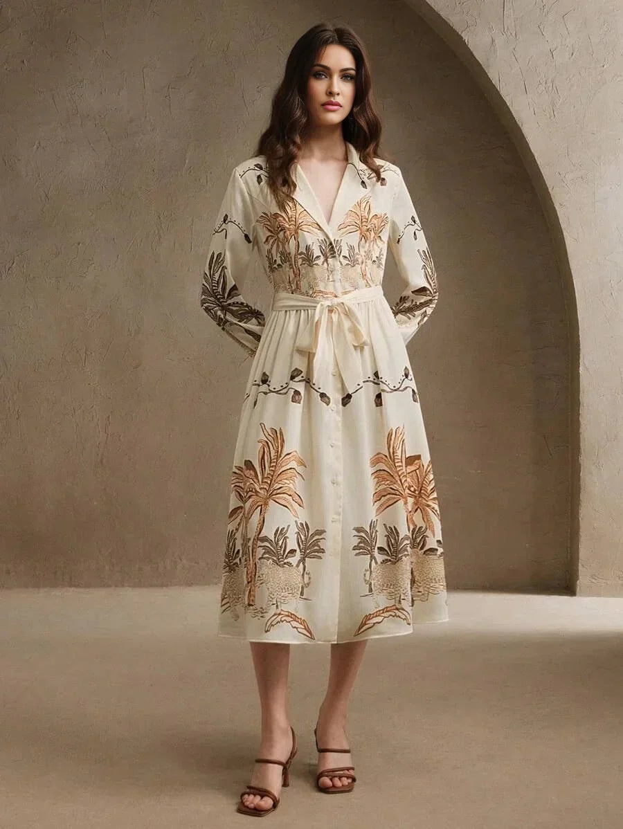 Kara Midi Dress - Elegant Style - A Line Fit - High Waist - Bishop Sleeve - Animal Print
