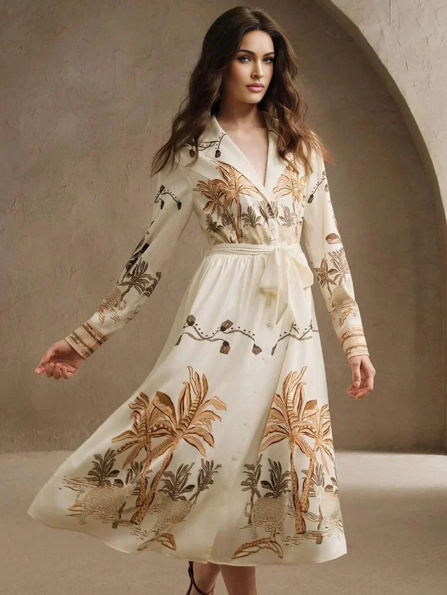 Kara Midi Dress - Elegant Style - A Line Fit - High Waist - Bishop Sleeve - Animal Print
