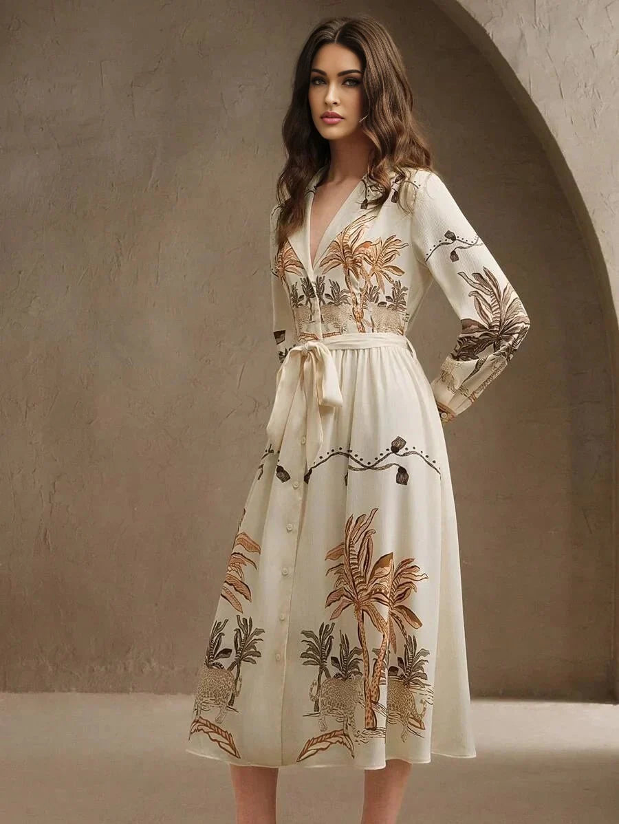 Kara Midi Dress - Elegant Style - A Line Fit - High Waist - Bishop Sleeve - Animal Print