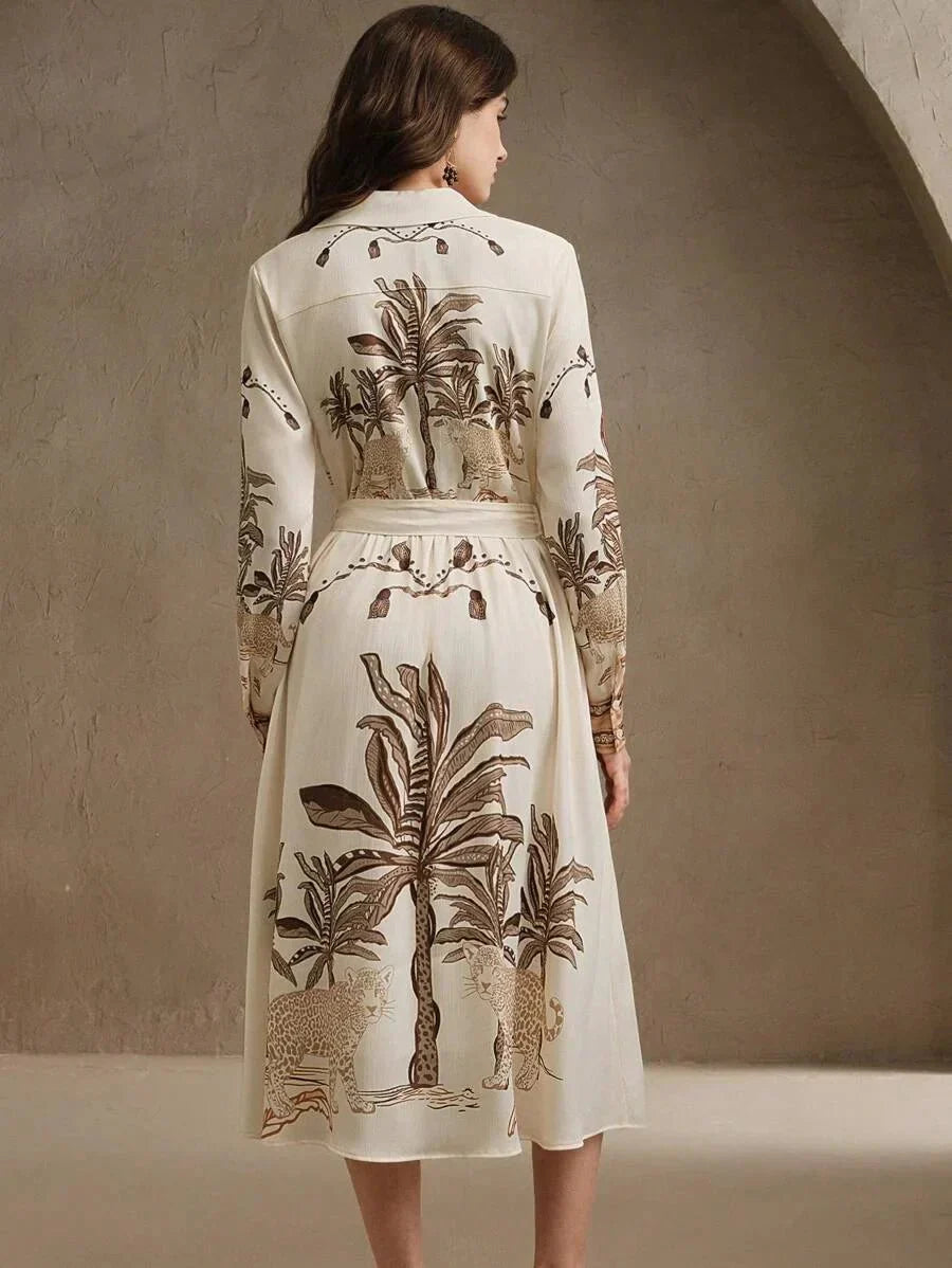 Kara Midi Dress - Elegant Style - A Line Fit - High Waist - Bishop Sleeve - Animal Print