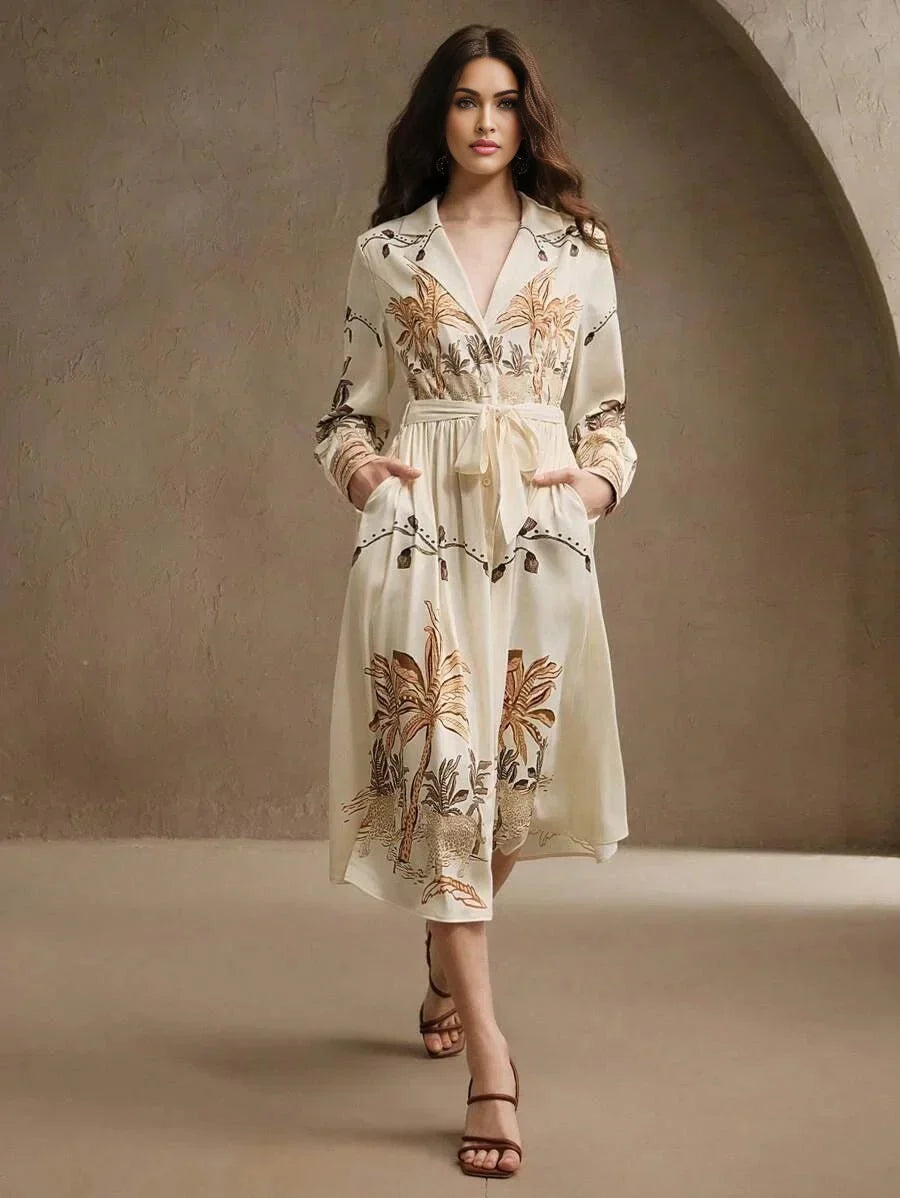 Kara Midi Dress - Elegant Style - A Line Fit - High Waist - Bishop Sleeve - Animal Print