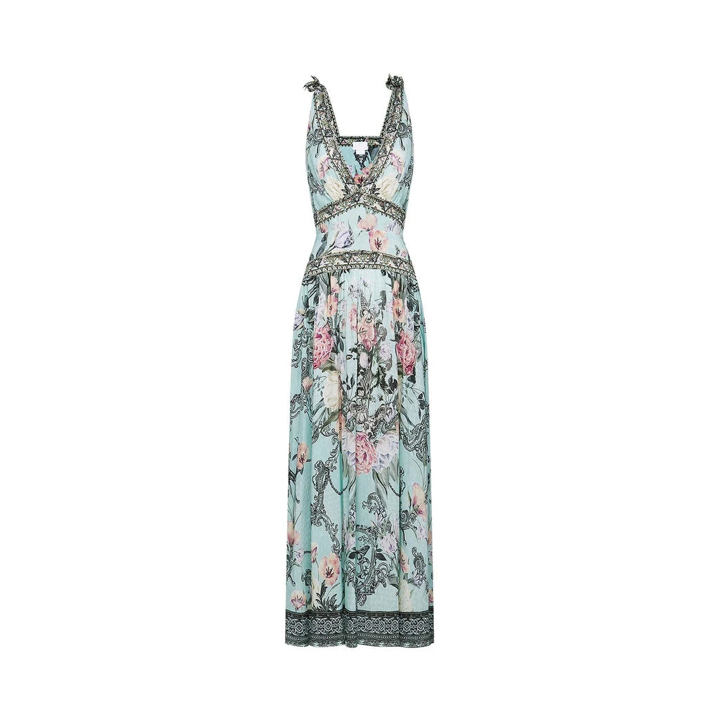 Kara Midi Dress Green Floral Lace Crystal Embellished Tie - Shoulder