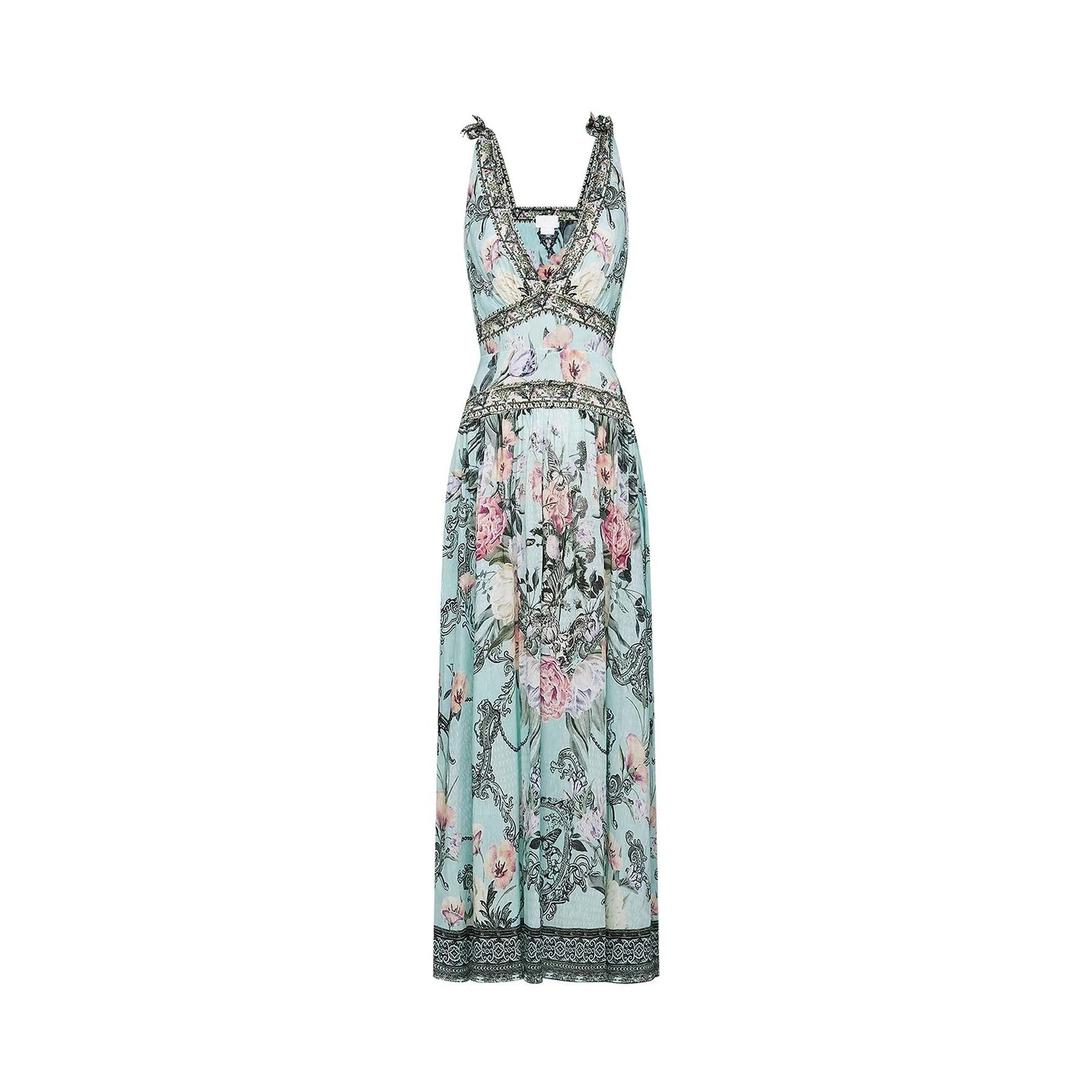 Kara Midi Dress Green Floral Lace Crystal Embellished Tie - Shoulder