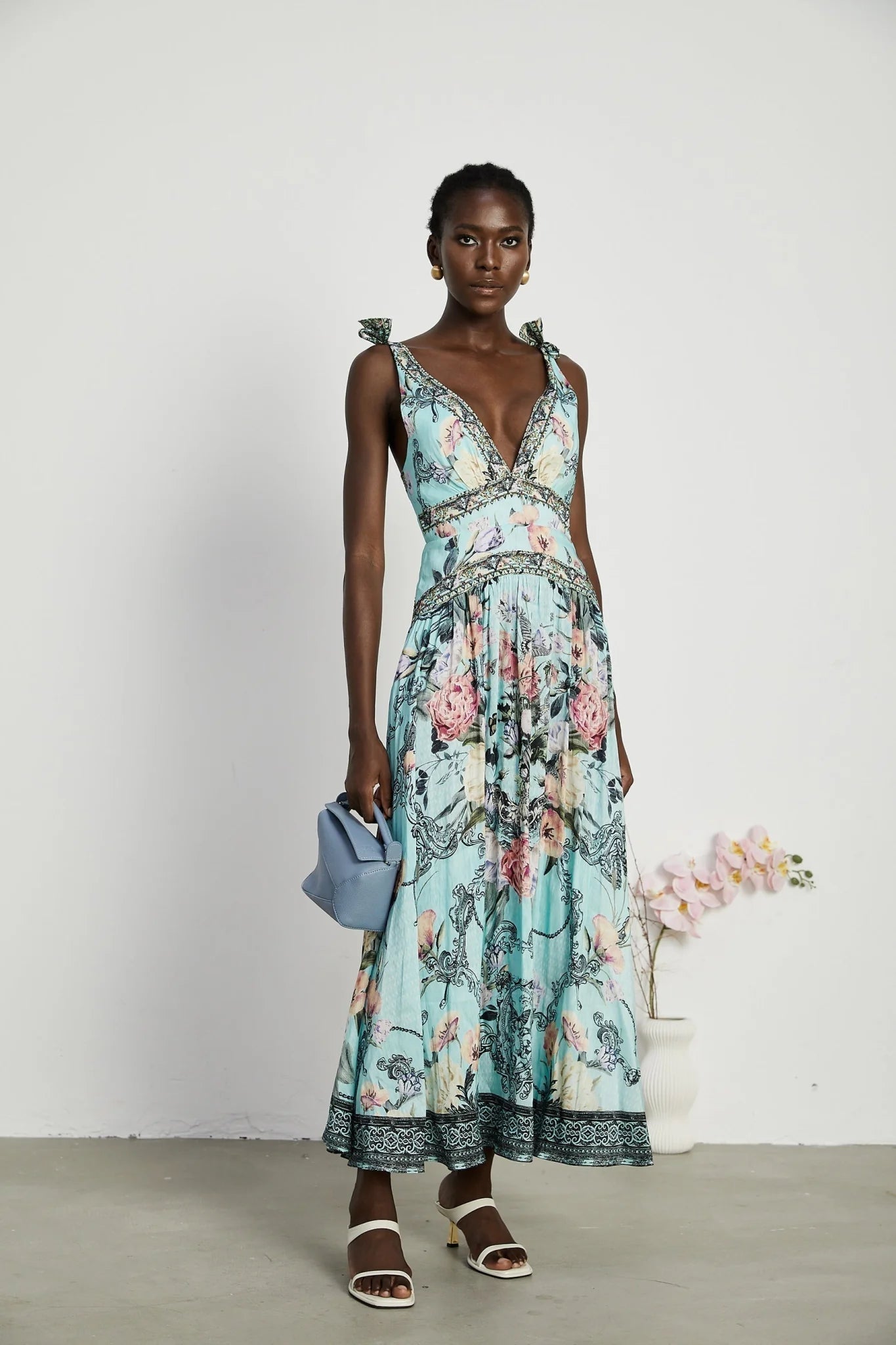 Kara Midi Dress Green Floral Lace Crystal Embellished Tie - Shoulder