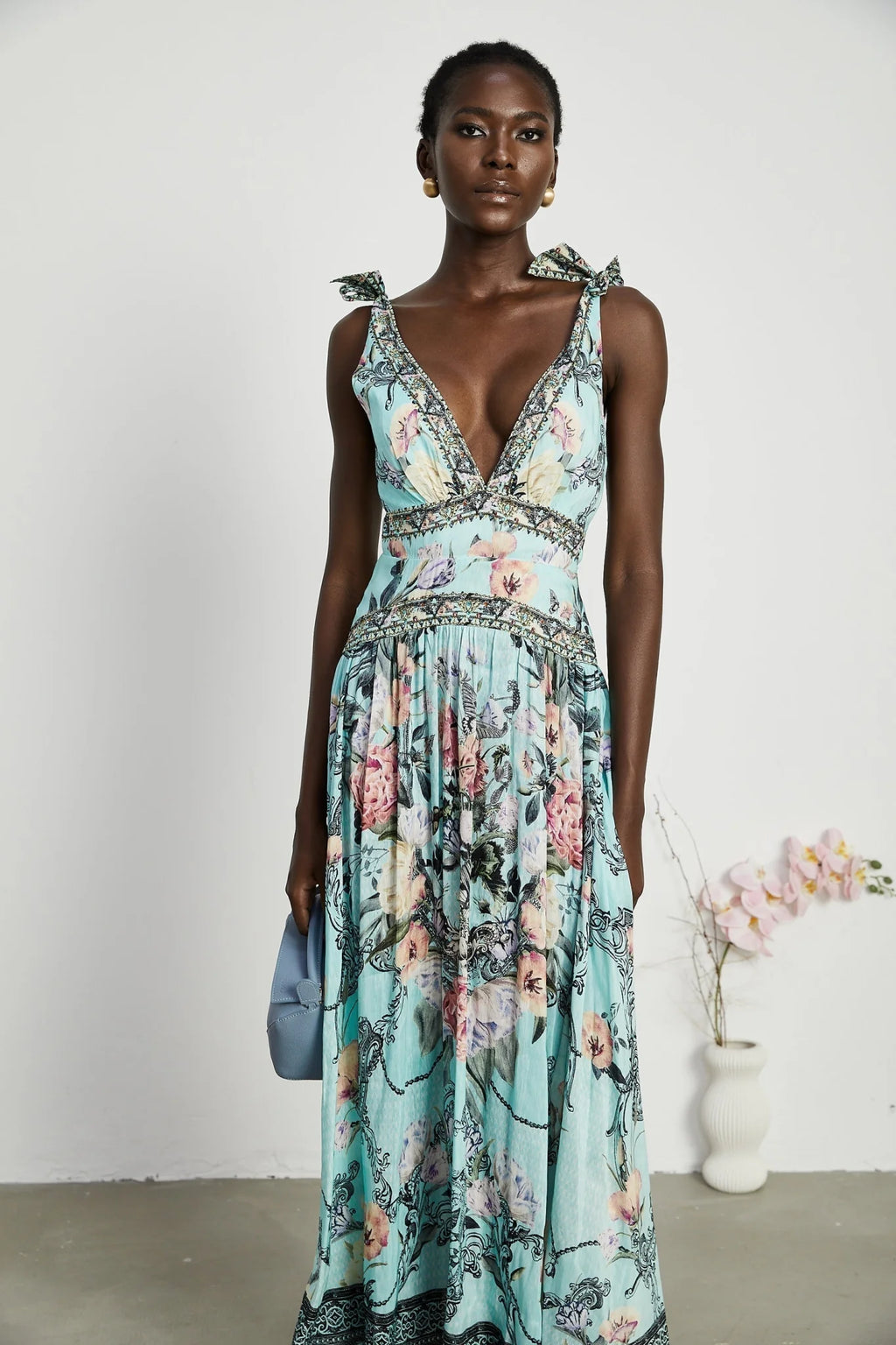 Kara Midi Dress Green Floral Lace Crystal Embellished Tie - Shoulder