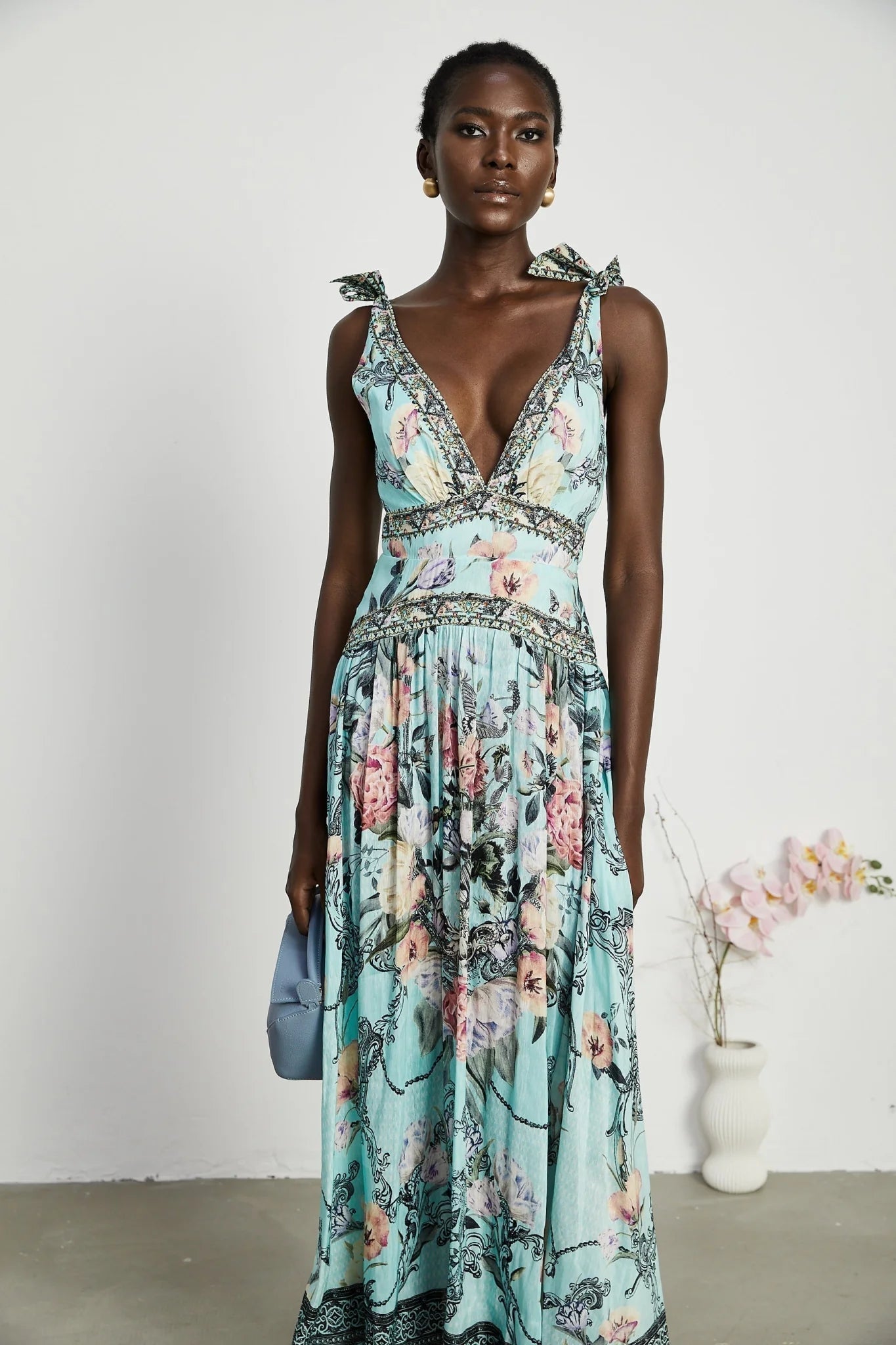 Kara Midi Dress Green Floral Lace Crystal Embellished Tie - Shoulder
