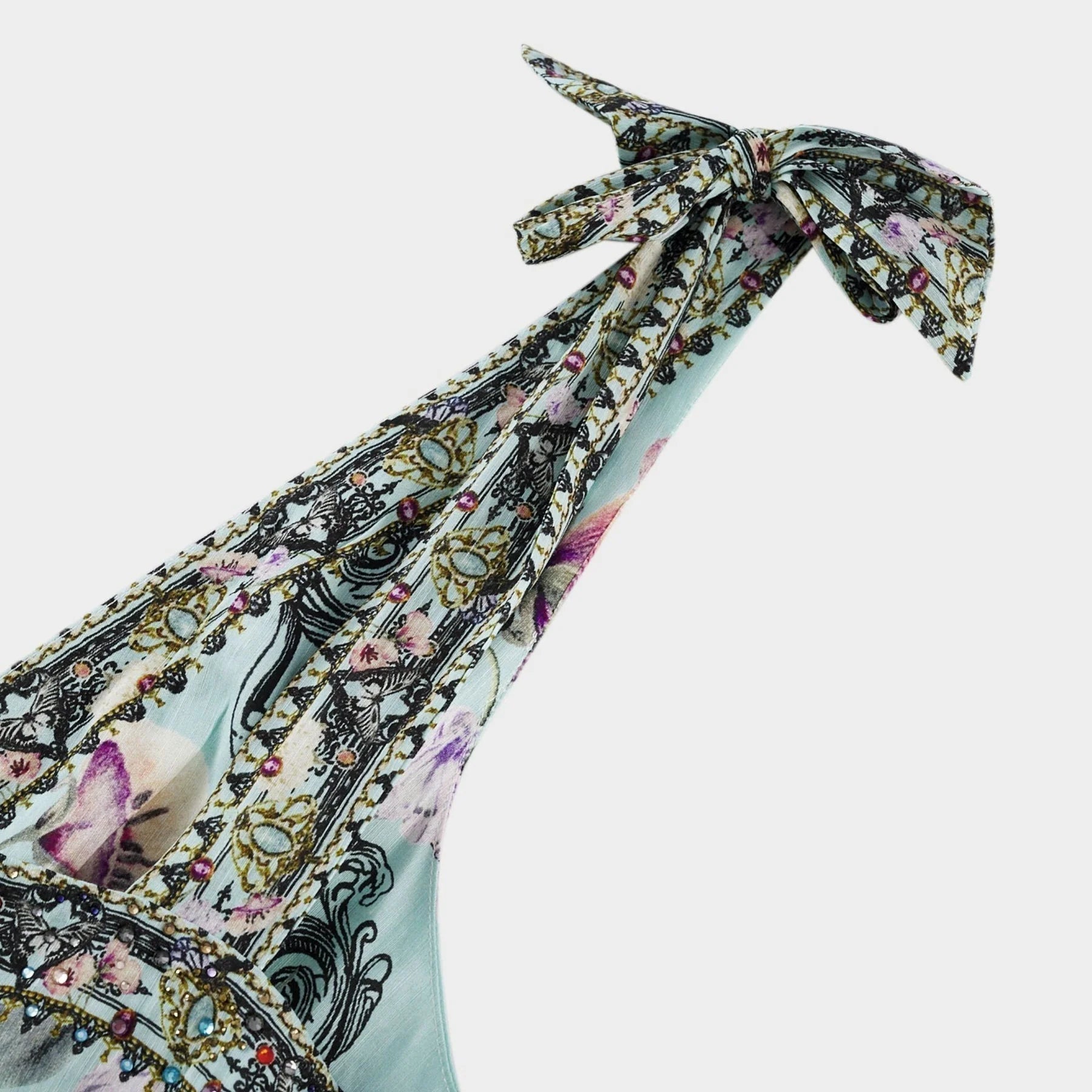 Kara Midi Dress Green Floral Lace Crystal Embellished Tie - Shoulder