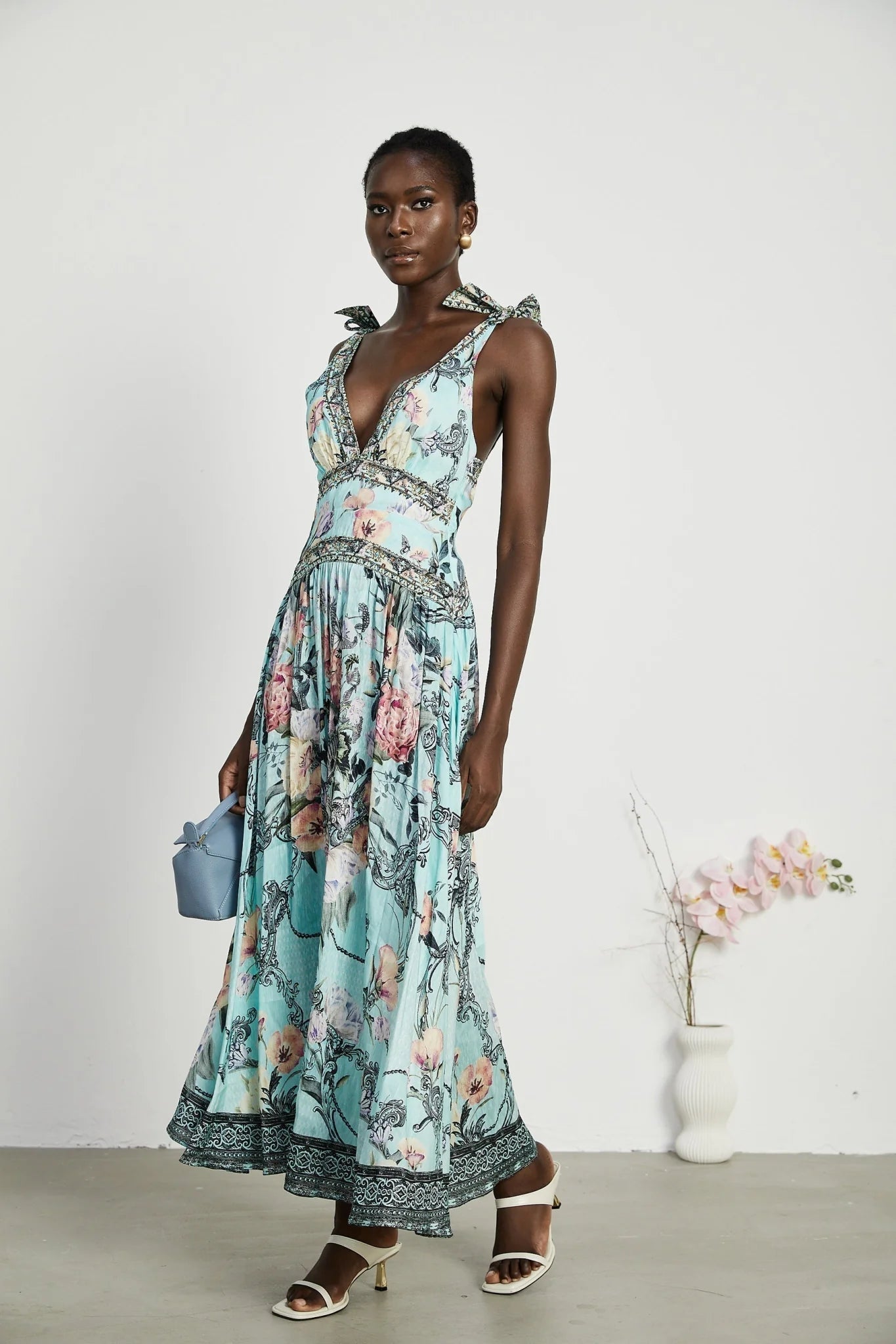Kara Midi Dress Green Floral Lace Crystal Embellished Tie - Shoulder