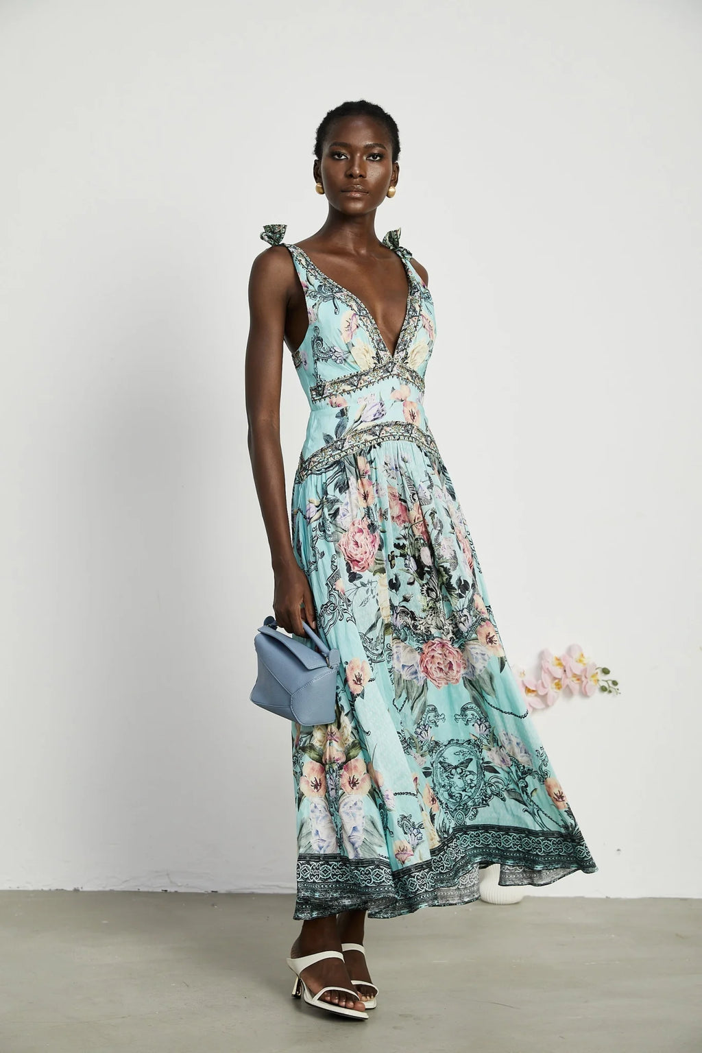 Kara Midi Dress Green Floral Lace Crystal Embellished Tie - Shoulder