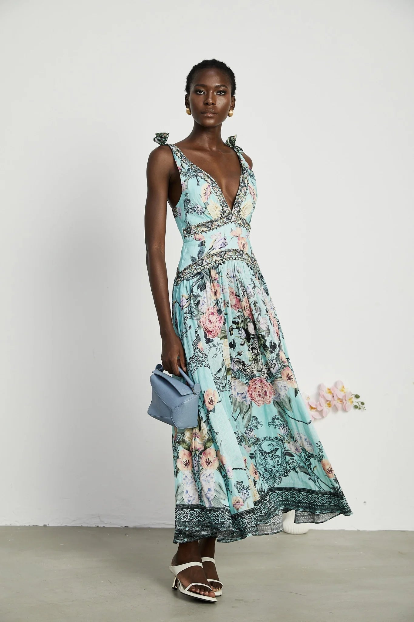 Kara Midi Dress Green Floral Lace Crystal Embellished Tie - Shoulder