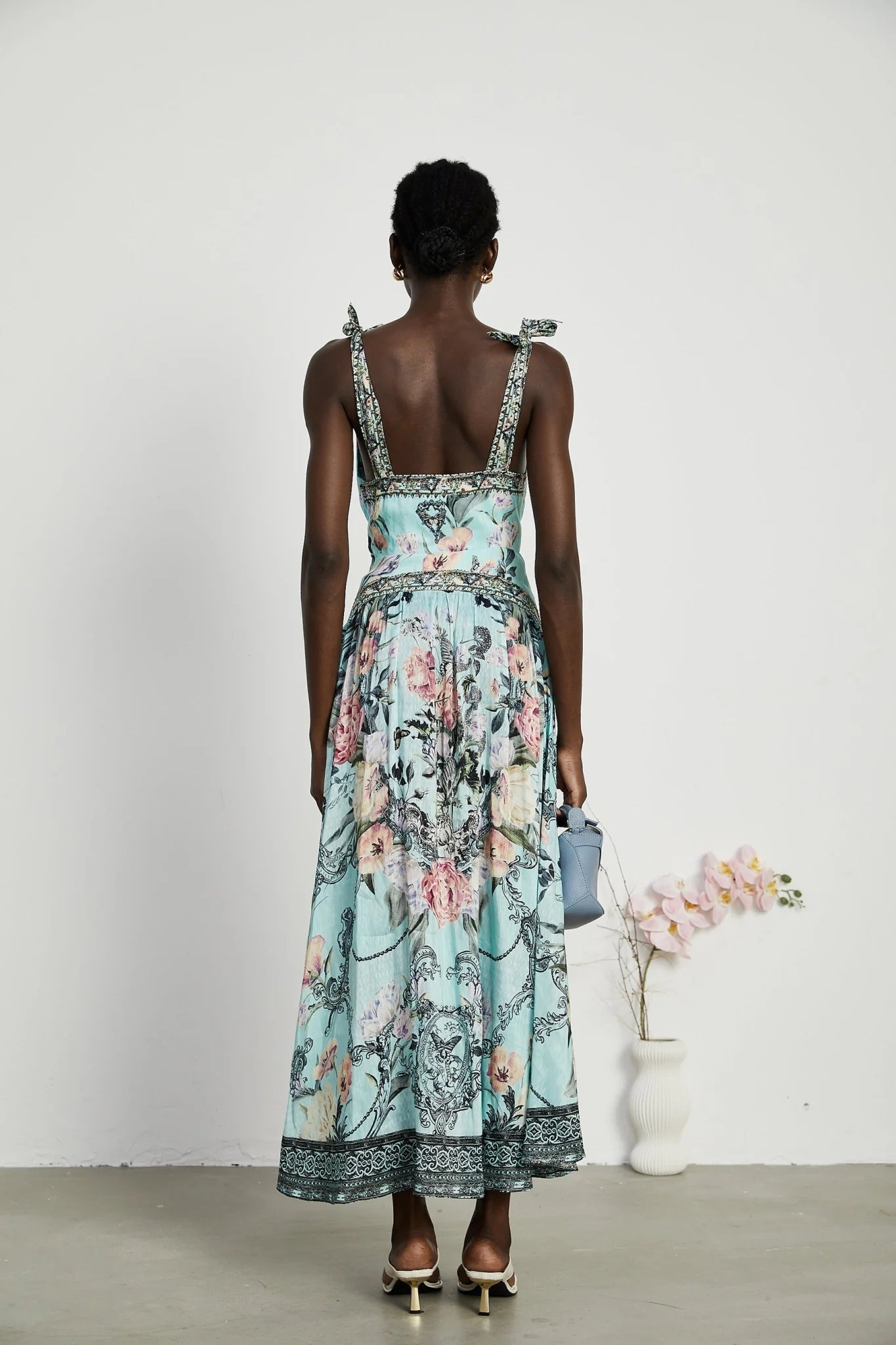 Kara Midi Dress Green Floral Lace Crystal Embellished Tie - Shoulder