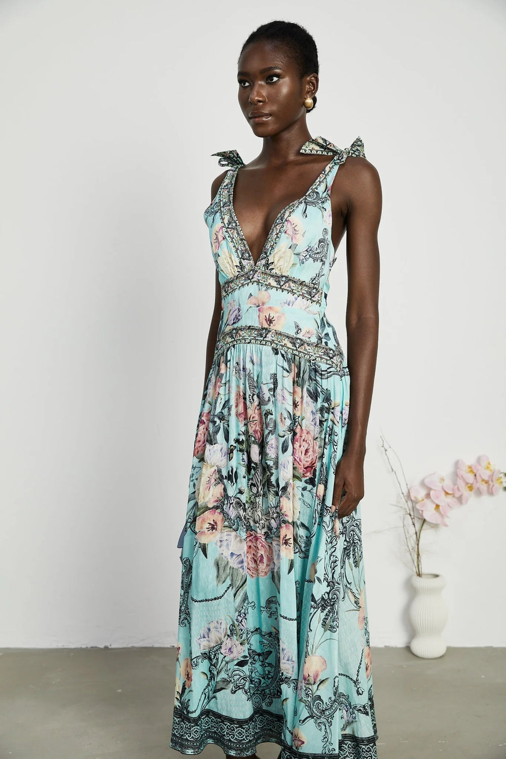 Kara Midi Dress Green Floral Lace Crystal Embellished Tie - Shoulder