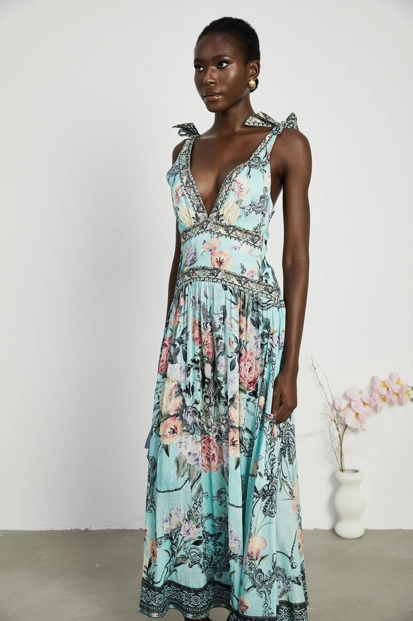 Kara Midi Dress Green Floral Lace Crystal Embellished Tie - Shoulder