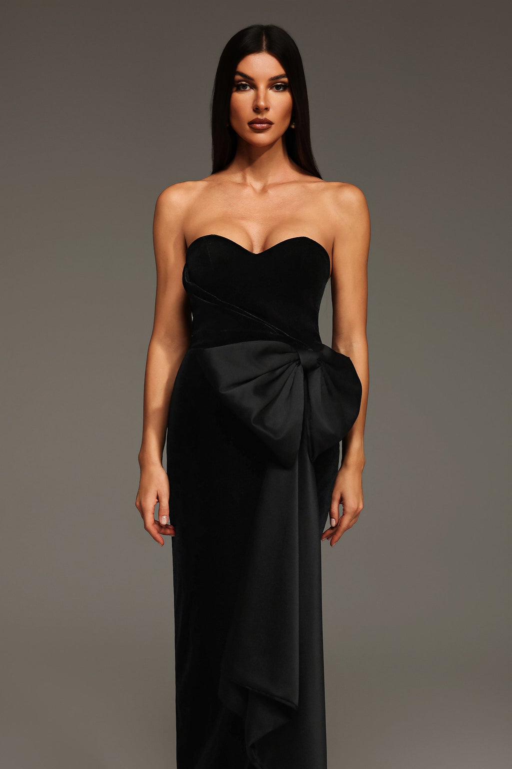 Karina Black Strapless Heart Neckline Bow Detail Slit Formal Dress