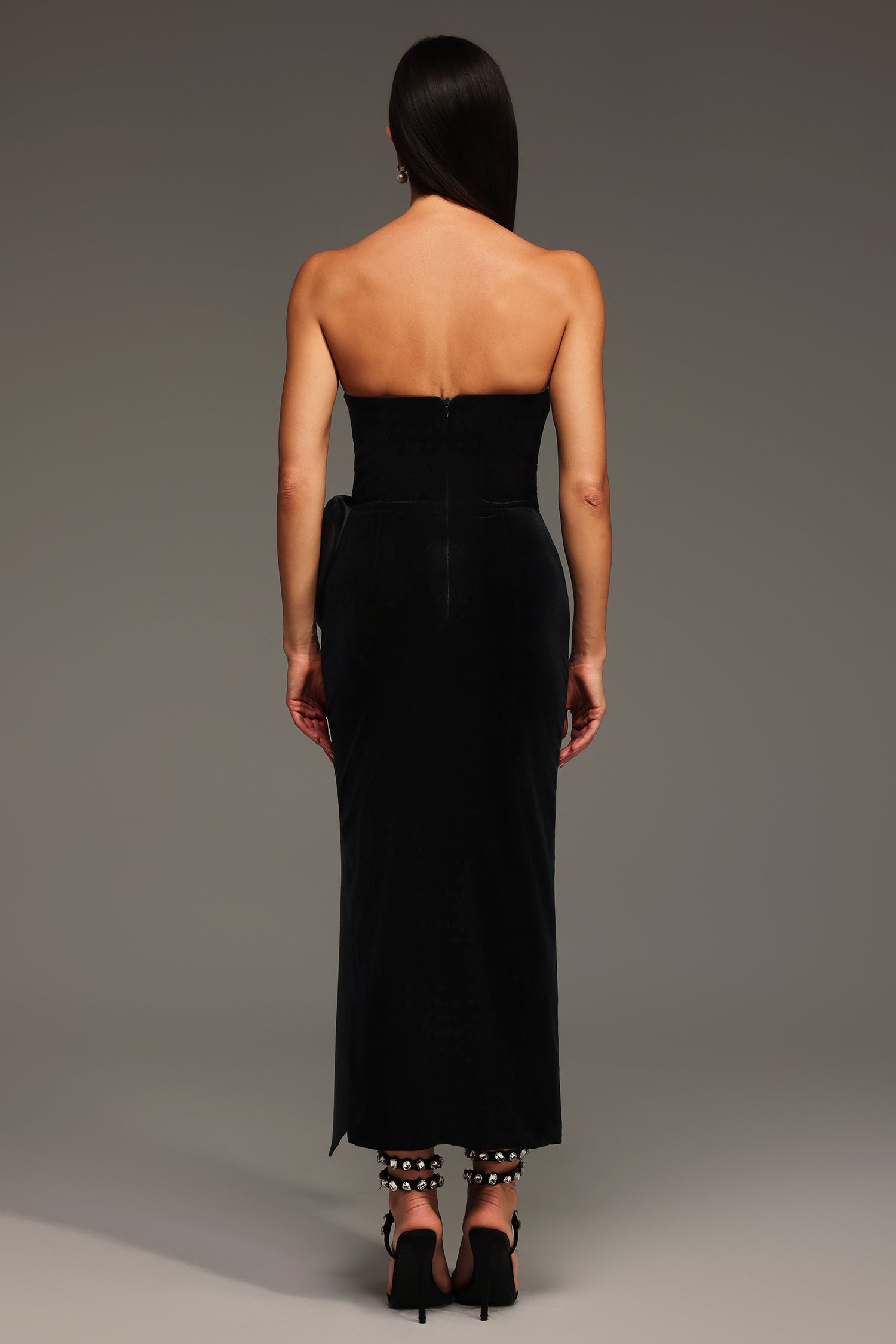 Karina Black Strapless Heart Neckline Bow Detail Slit Formal Dress