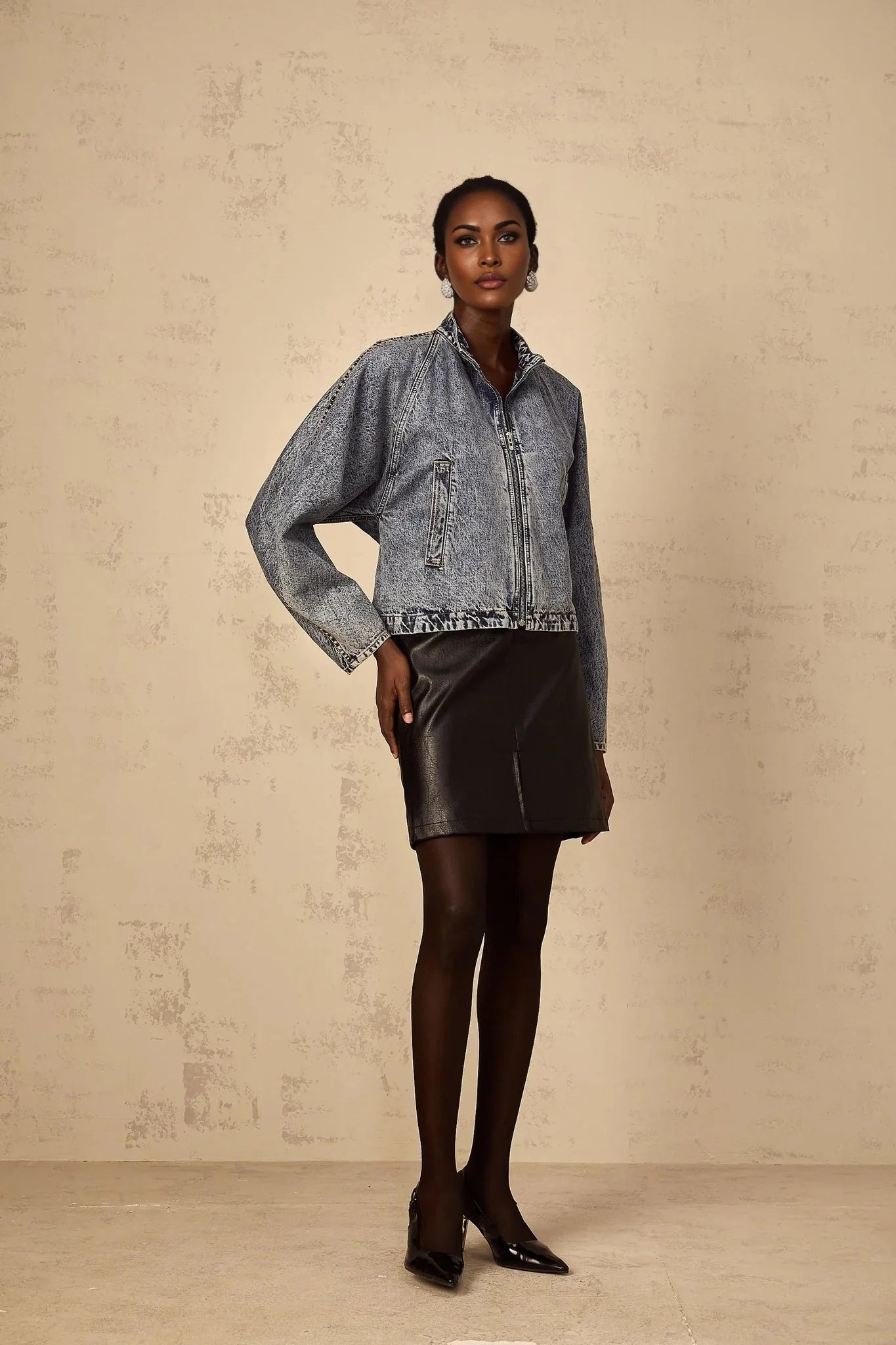 Karina Denim Jacket Blue Whiskering Contrast Stitching Zip Fastening Two Pockets