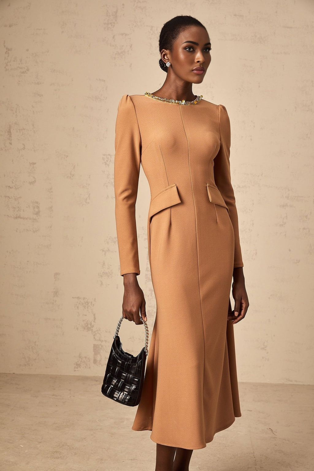 Karina Midi Dress - Round Neck - Long Sleeves - Sequin Embellishments - Cinched Waist