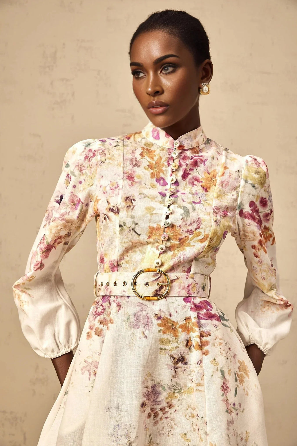 Karina Mini Dress White & Multicolor Floral Print Belted Button - Front Mini - Length