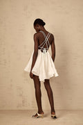 Karina Mini Dress White Shirred Flounce V - Neck Sleeveless Tie - Back & Thigh - Length