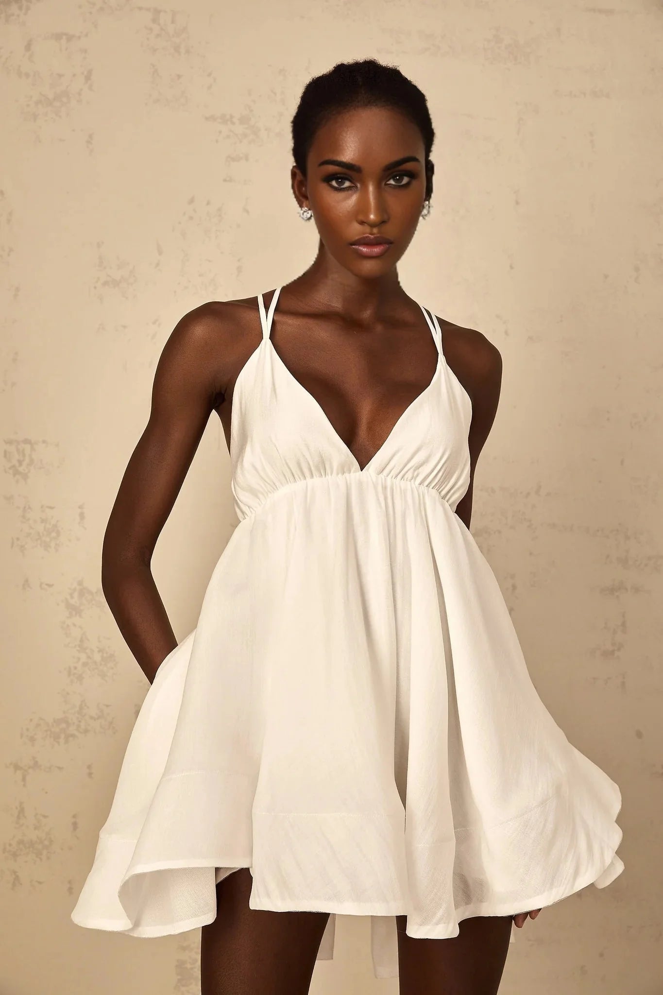 Karina Mini Dress White Shirred Flounce V - Neck Sleeveless Tie - Back & Thigh - Length