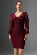 Karina Red Lace Bandage Dress V-neckline Long Sleeve Elegant Cocktail Event Romantic Dinner Special Occasion