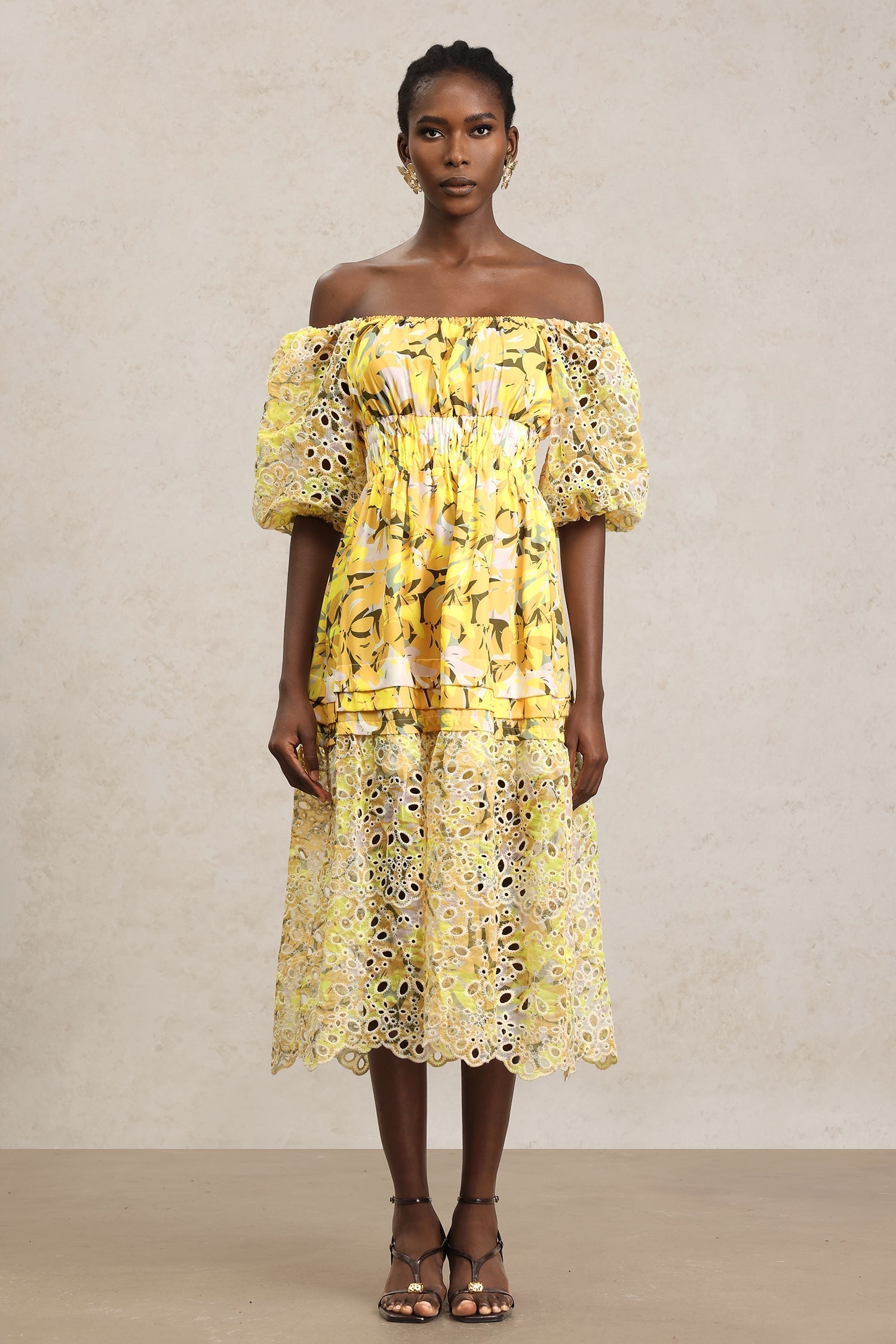 Karina Yellow Floral Lace Dress with Puff Sleeves and Off-Shoulder Neckline