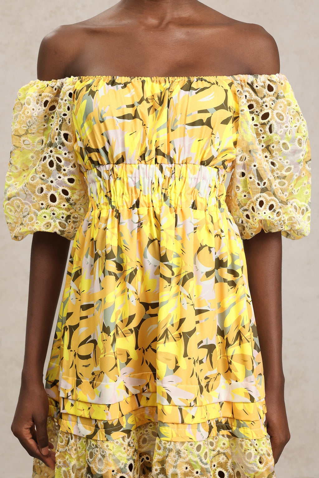 Karina Yellow Floral Lace Dress with Puff Sleeves and Off-Shoulder Neckline