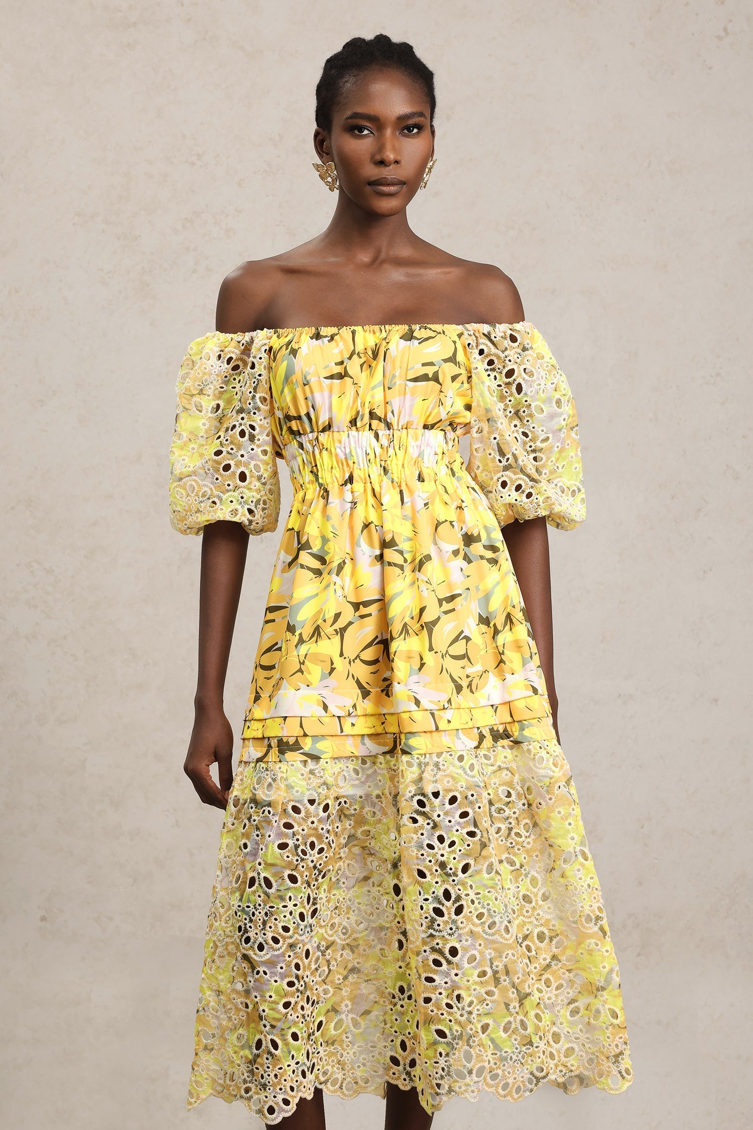 Karina Yellow Floral Lace Off-Shoulder Dress with Puff Sleeves