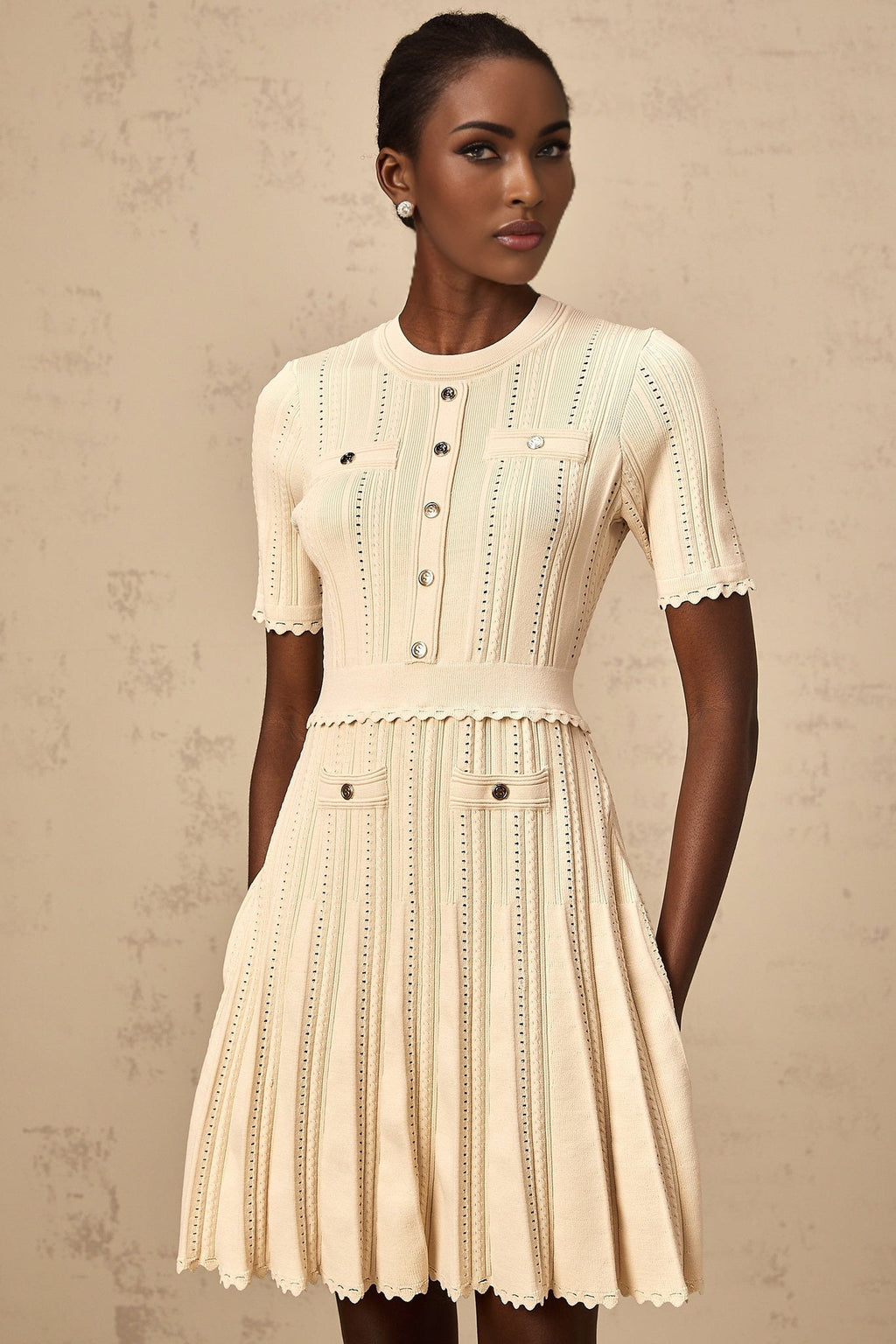 Katherine Mini Dress with Round Neck, Cinched Waist and Pleated Details
