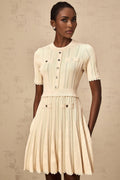 Katherine Mini Dress with Round Neck, Cinched Waist and Pleated Details