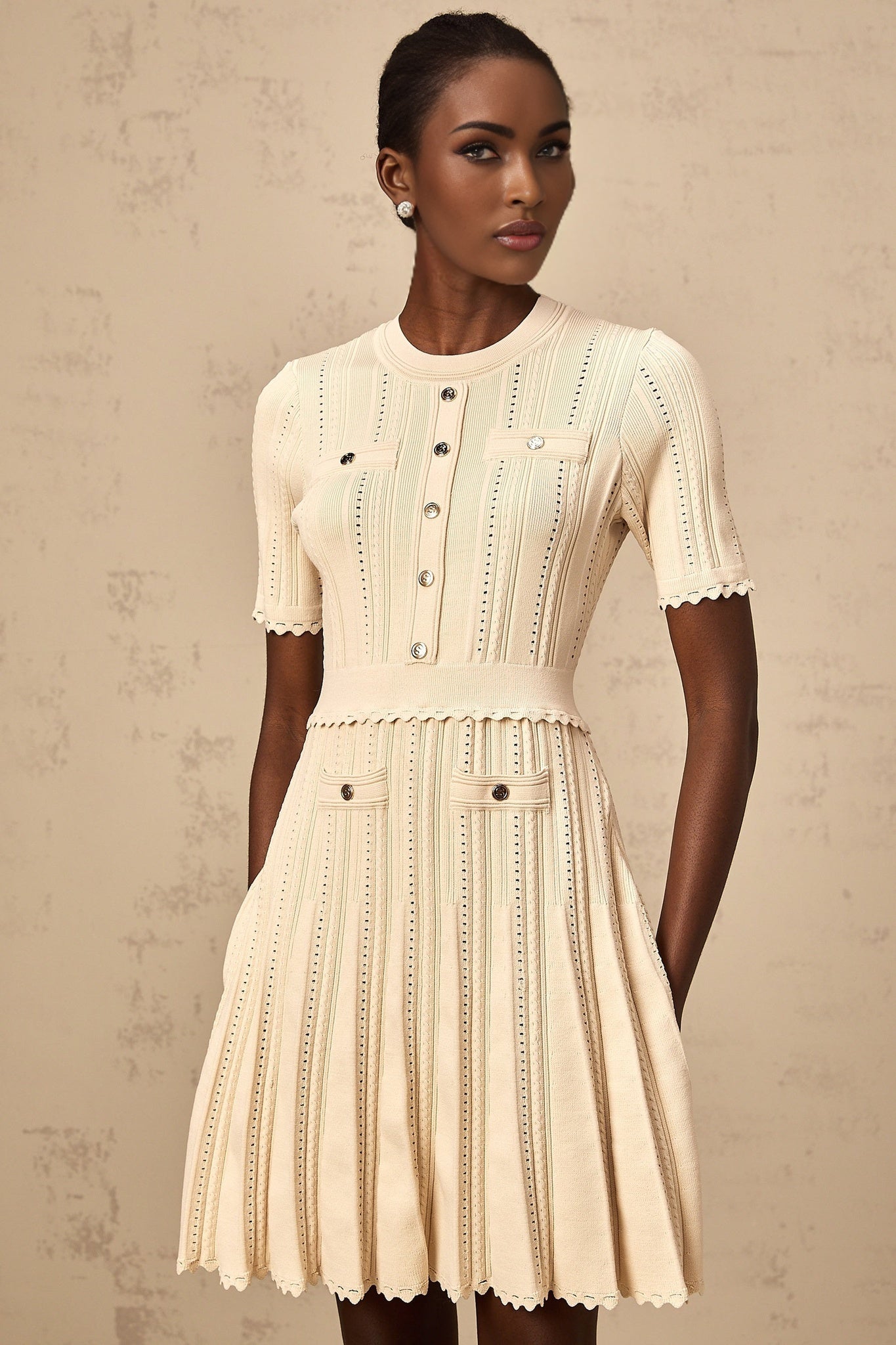 Katherine Mini Dress with Round Neck, Cinched Waist and Pleated Details