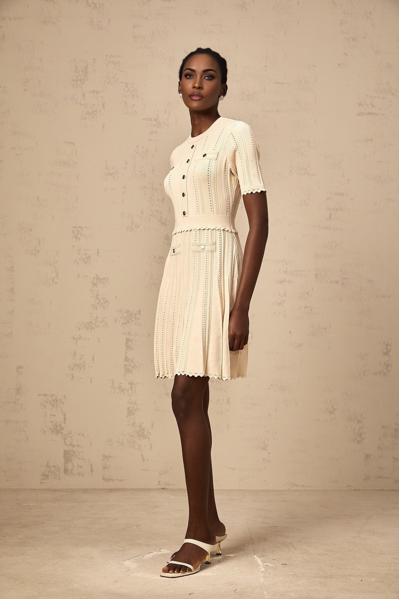 Katherine Mini Dress with Round Neck, Cinched Waist and Pleated Details