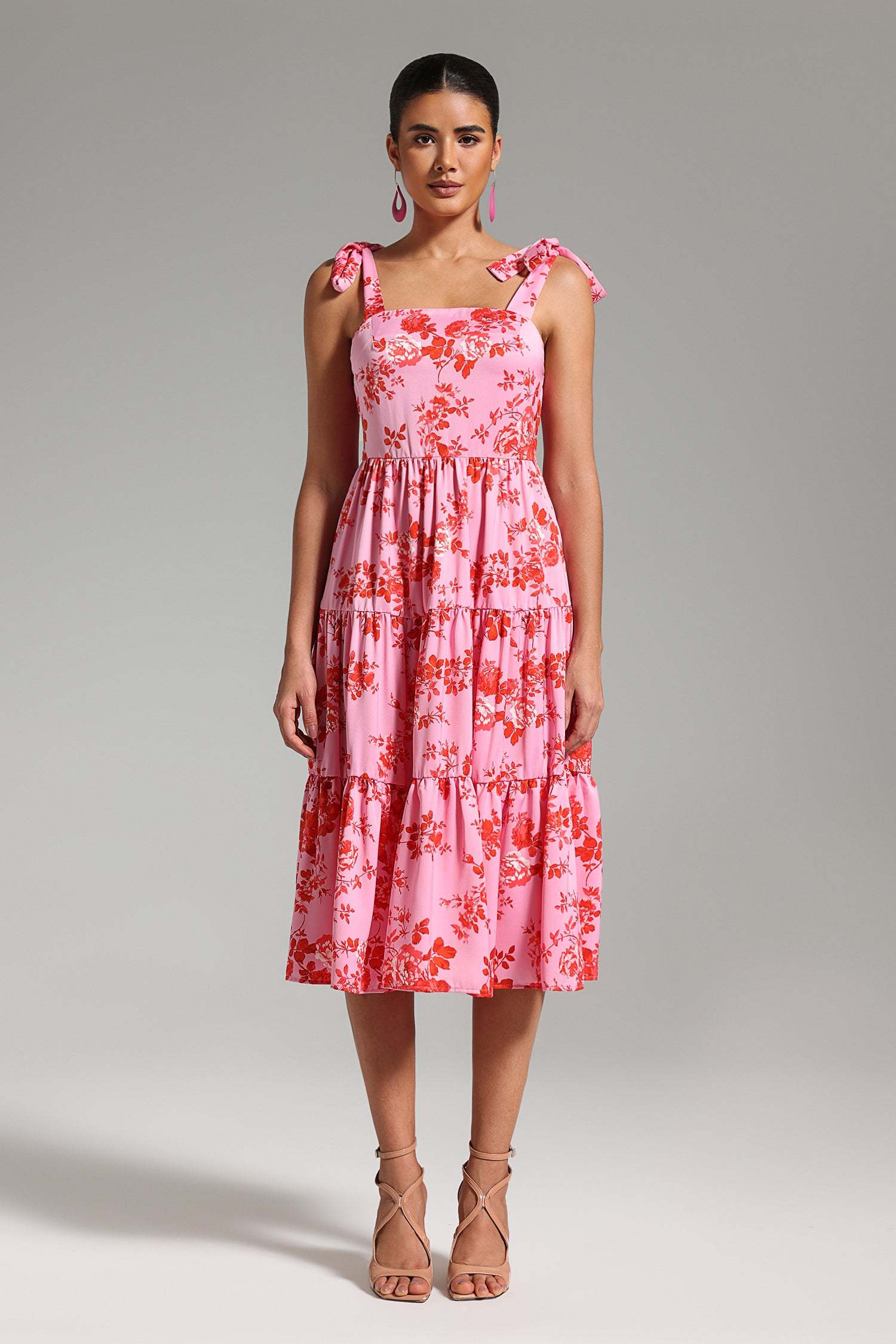 Katherine Pink Floral Tiered Midi Dress