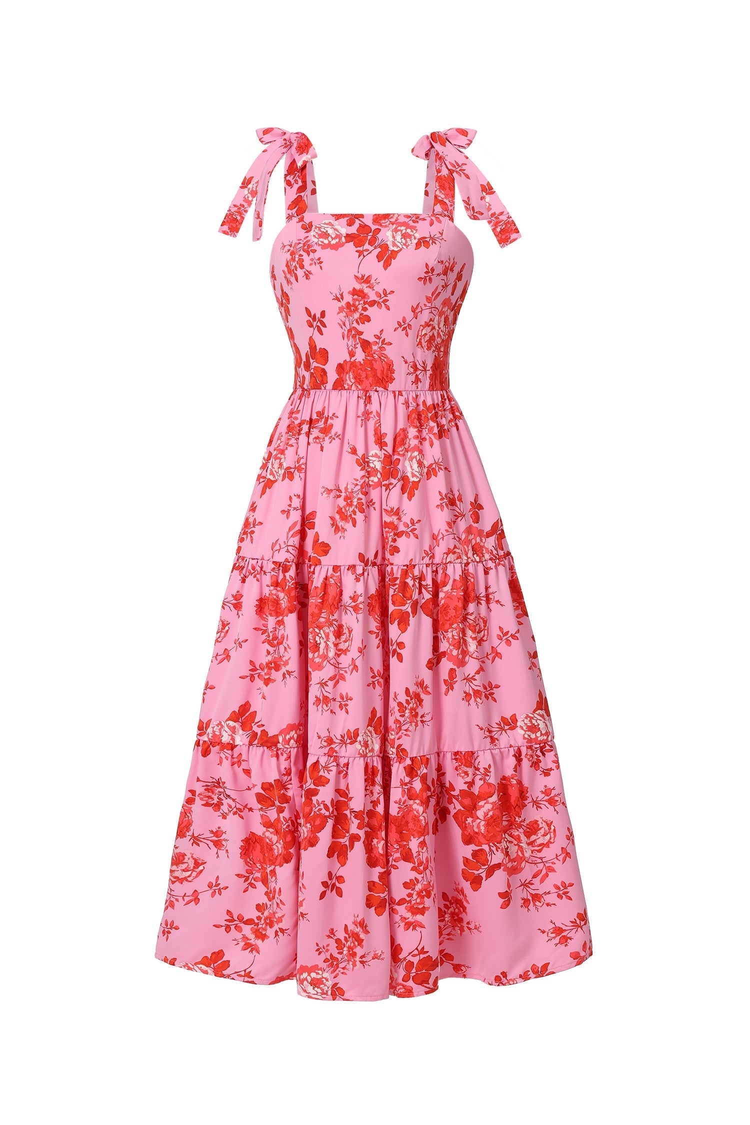 Katherine Pink Floral Tiered Midi Dress Lightweight Breathable Adjustable Tie Straps Garden Party Brunch Beachside Stroll Versatile Elegant Stylish