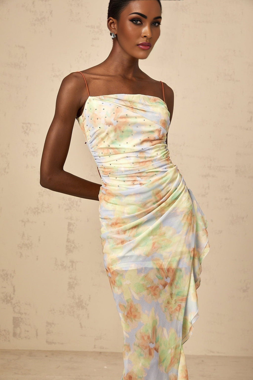 Katherine Vibrant Blue Floral Maxi Dress with Off - Shoulder and Open Back