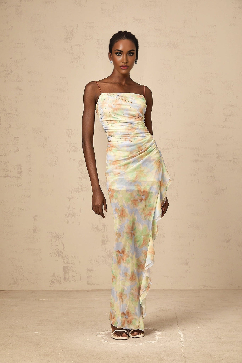 Katherine Vibrant Blue Floral Maxi Dress with Off - Shoulder and Open Back