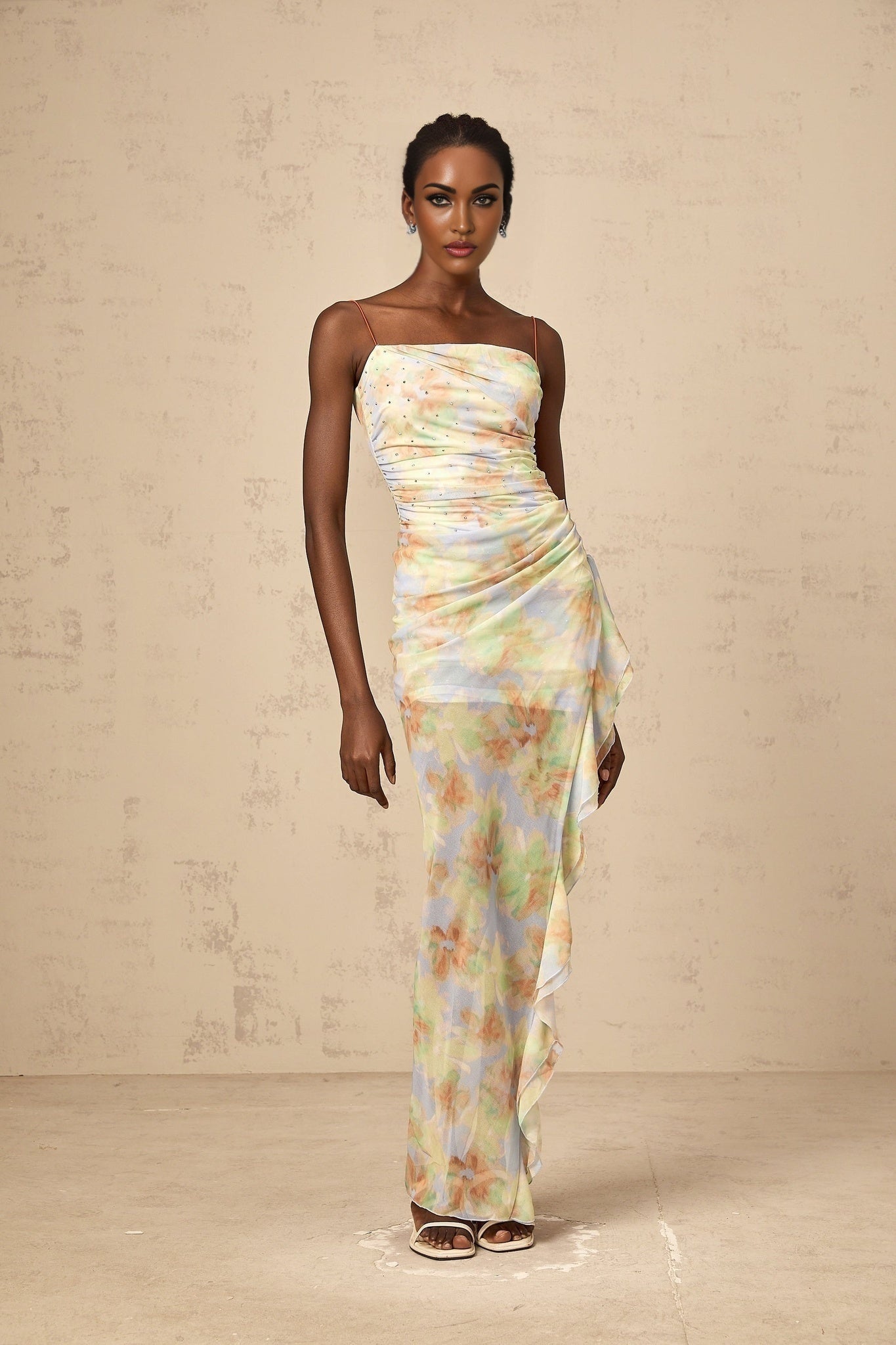 Katherine Vibrant Blue Floral Maxi Dress with Off - Shoulder and Open Back