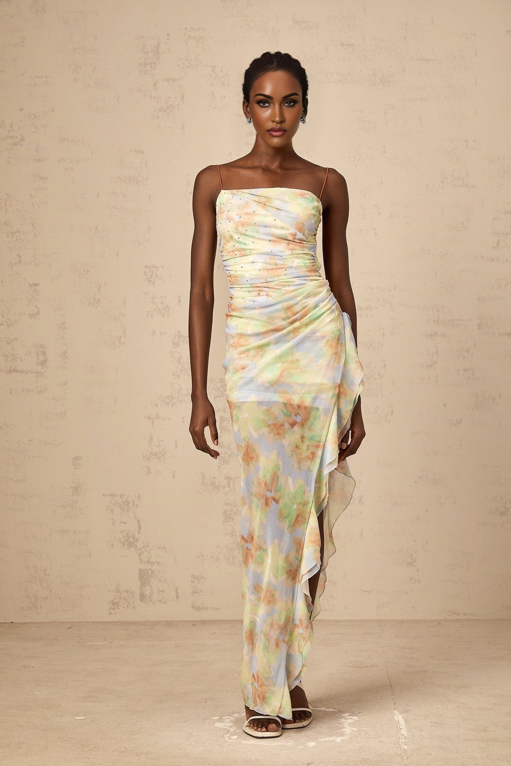 Katherine Vibrant Blue Floral Maxi Dress with Off - Shoulder and Open Back