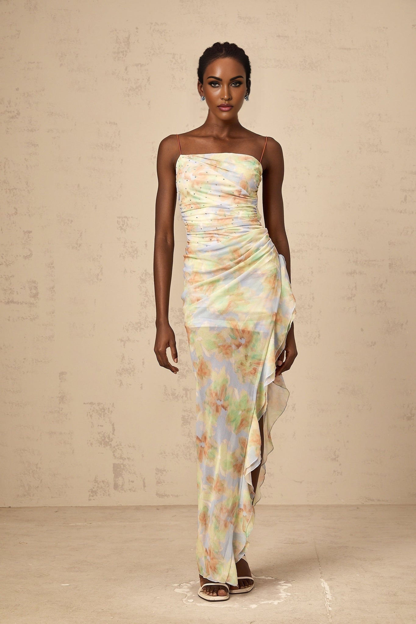 Katherine Vibrant Blue Floral Maxi Dress with Off - Shoulder and Open Back