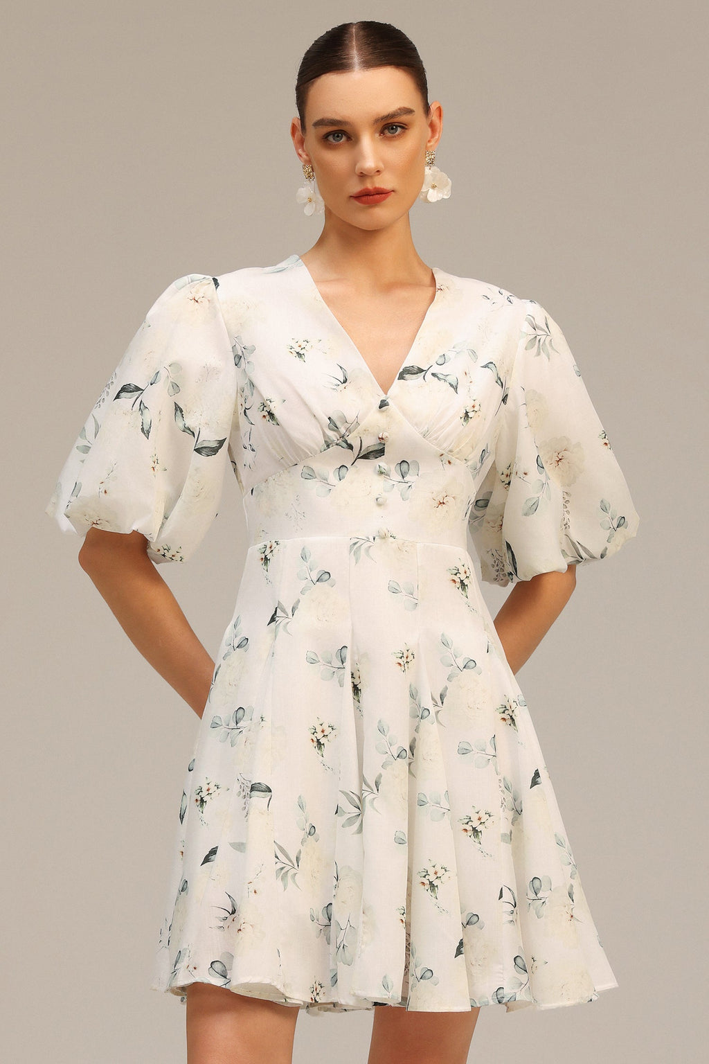 Katherine White Floral Print V-Neck Puff Sleeve Dress