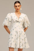 Katherine White Floral Print V-Neck Puff Sleeve Dress